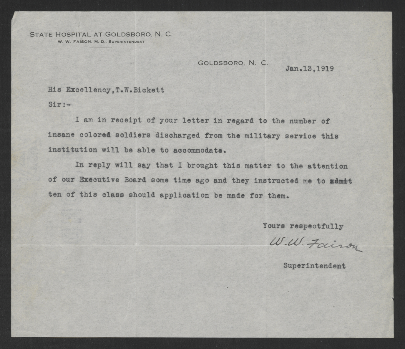 Letter from William W. Faison to Thomas W. Bickett, January 13, 1919