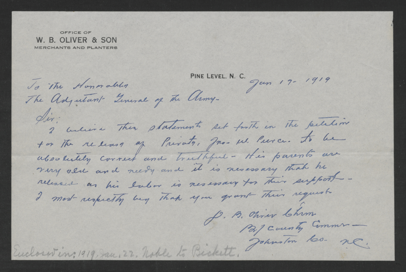 Letter from Doctor B. Oliver to the Adjutant General of the Army, January 17, 1919