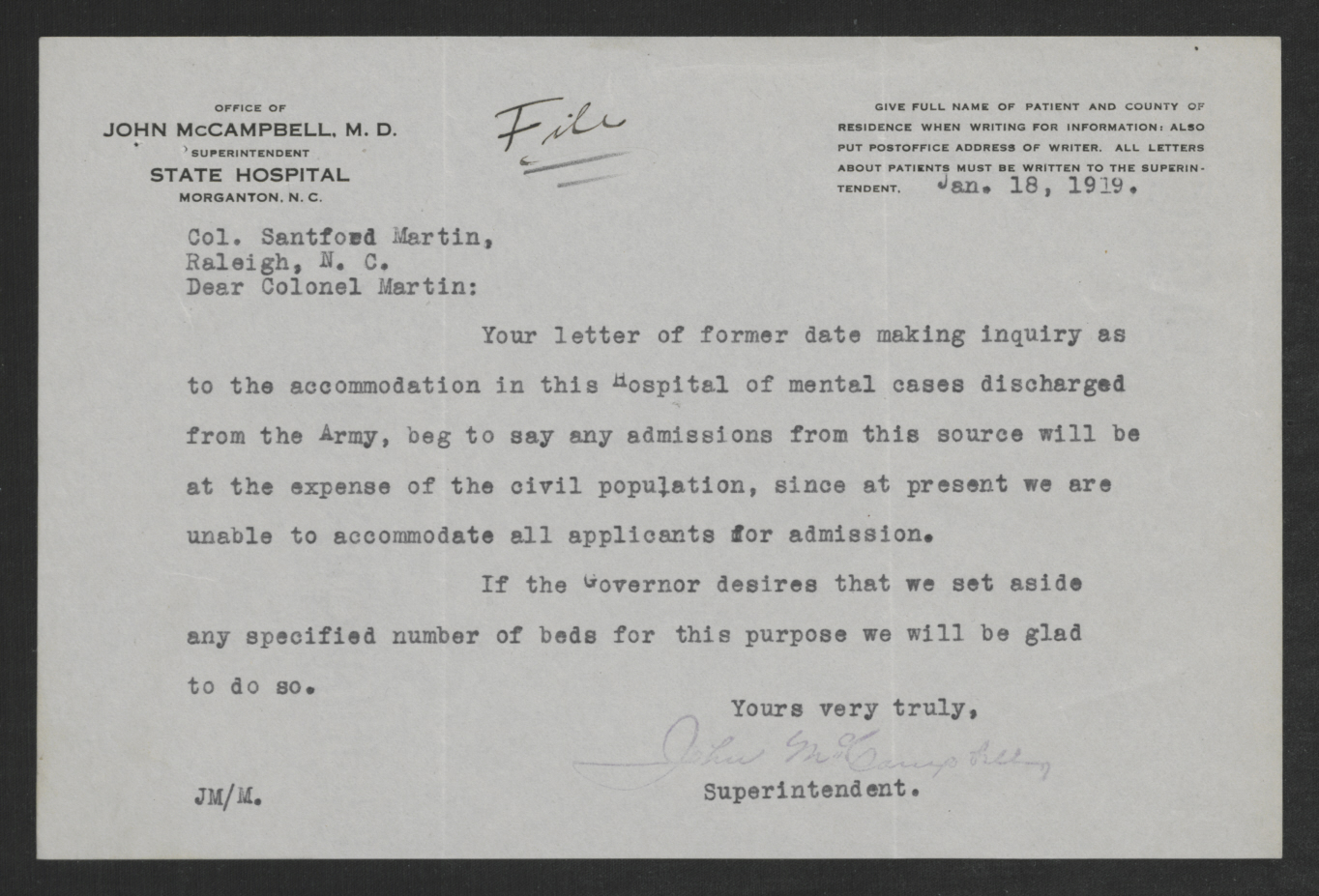 Letter from John J. McCampbell to Santford Martin, January 18, 1919