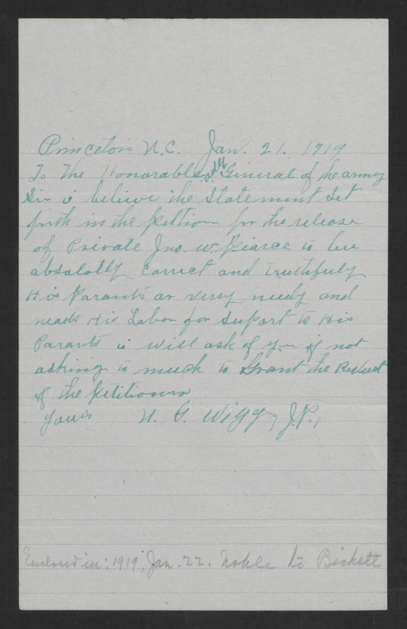 Letter from Nathan G. Wiggs to the Adjutant General of the Army, January 21, 1919
