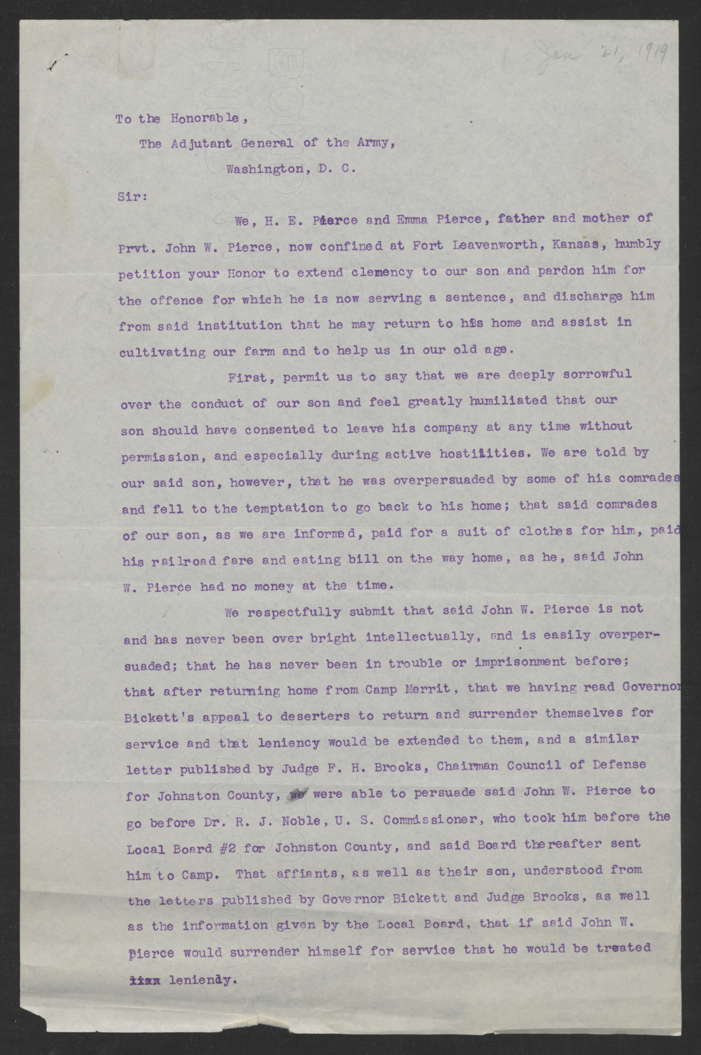 Affidavit of Hezekiah and Emma Pearce, January 21, 1919, page 1