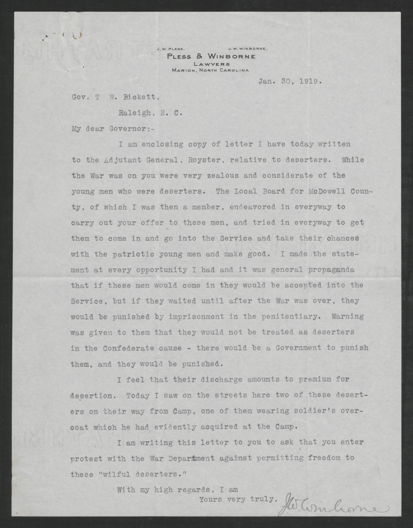 Letter from John W. Winborne to Thomas W. Bickett, January 30, 1919