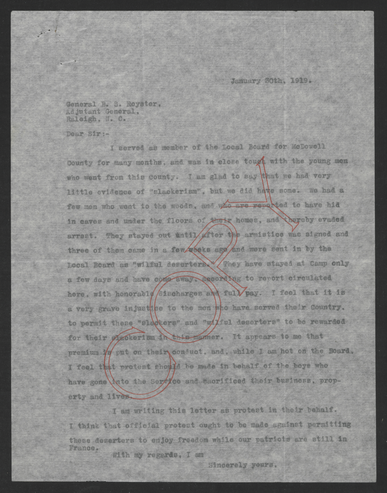 Letter from John W. Winborne to Beverly S. Royster, January 30, 1919