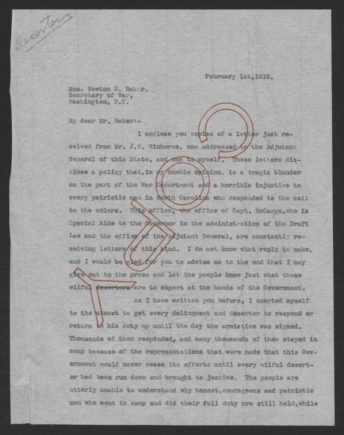 Letter from Thomas W. Bickett to Newton D. Baker, February 1, 1919, page 1
