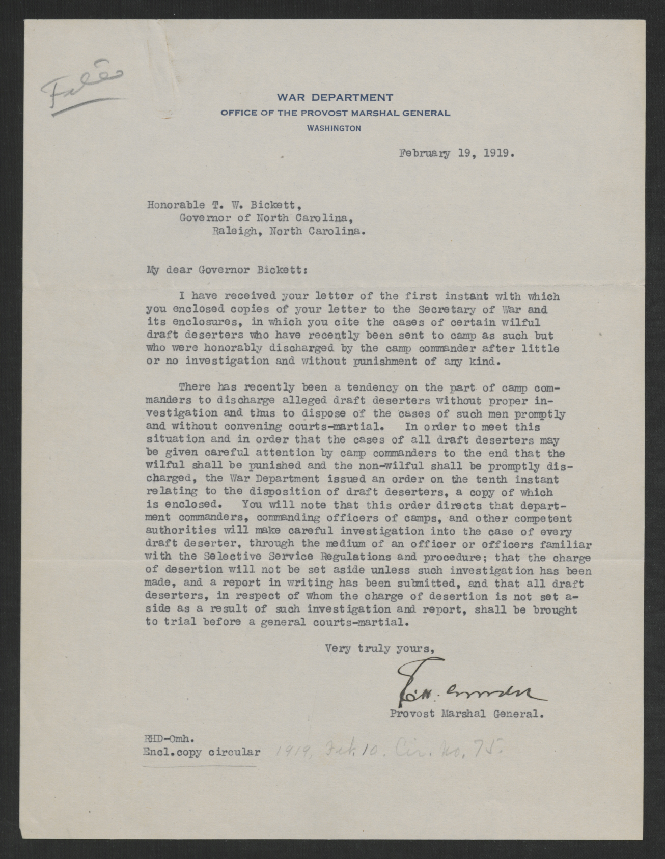 Letter from Enoch H. Crowder to Thomas W. Bickett, February 19, 1919