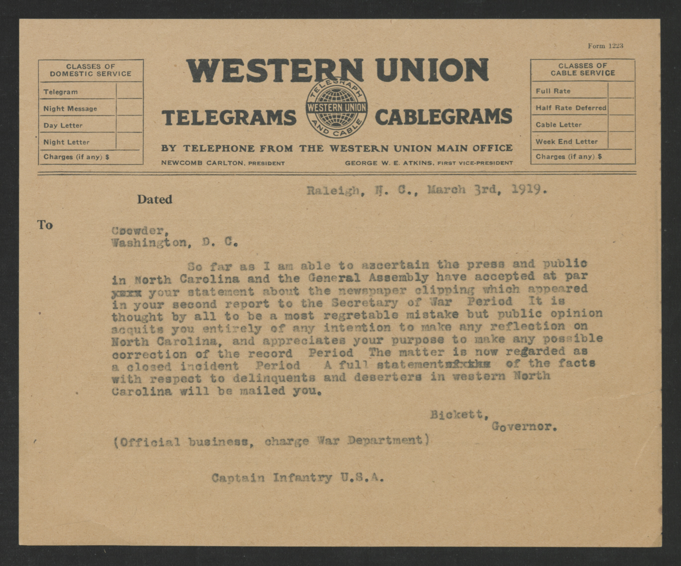 Telegram from Thomas W. Bickett to Enoch H. Crowder, March 3, 1919