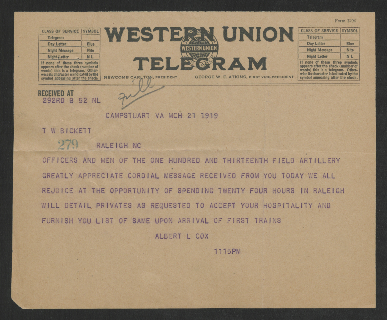 Telegram from Albert L. Cox to Thomas W. Bickett, March 21, 1919