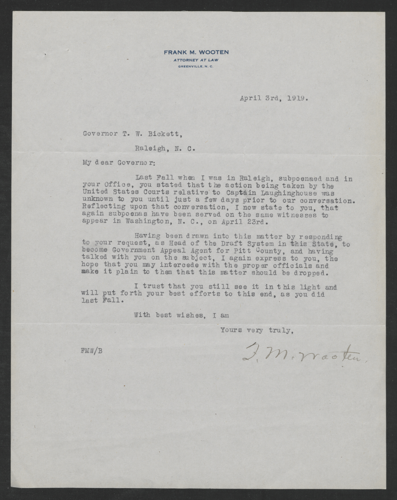 Letter from Frank M. Wooten to Thomas W. Bickett, April 3, 1919