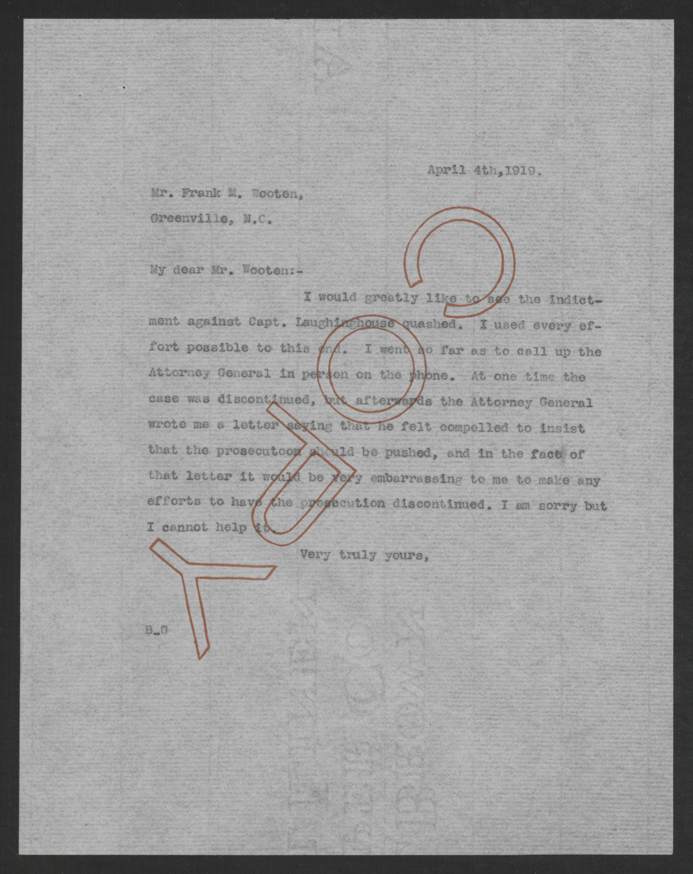 Letter from Thomas W. Bickett to Frank M. Wooten, April 4, 1919