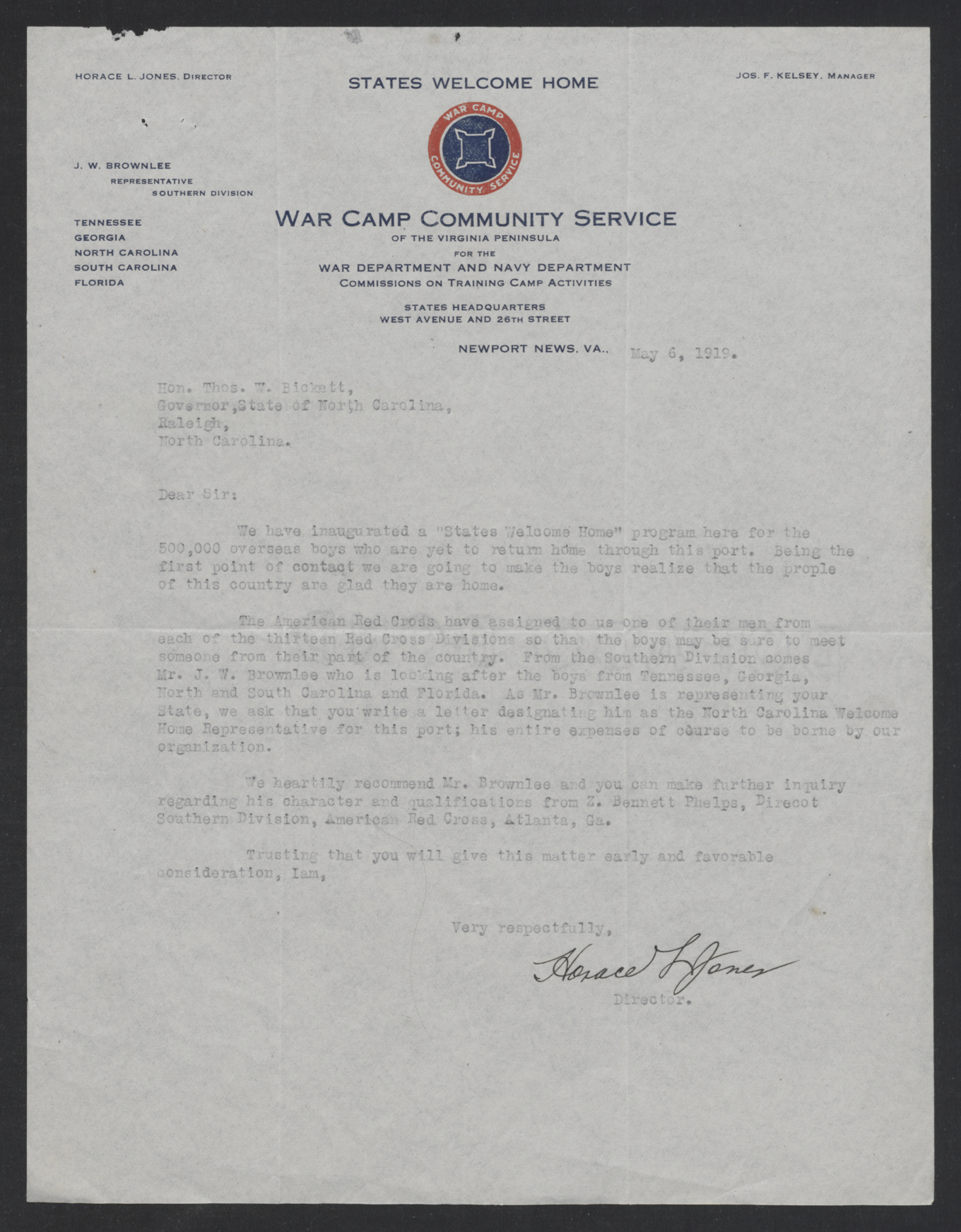 Letter from Horace L. Jones to Thomas W. Bickett, May 6, 1919