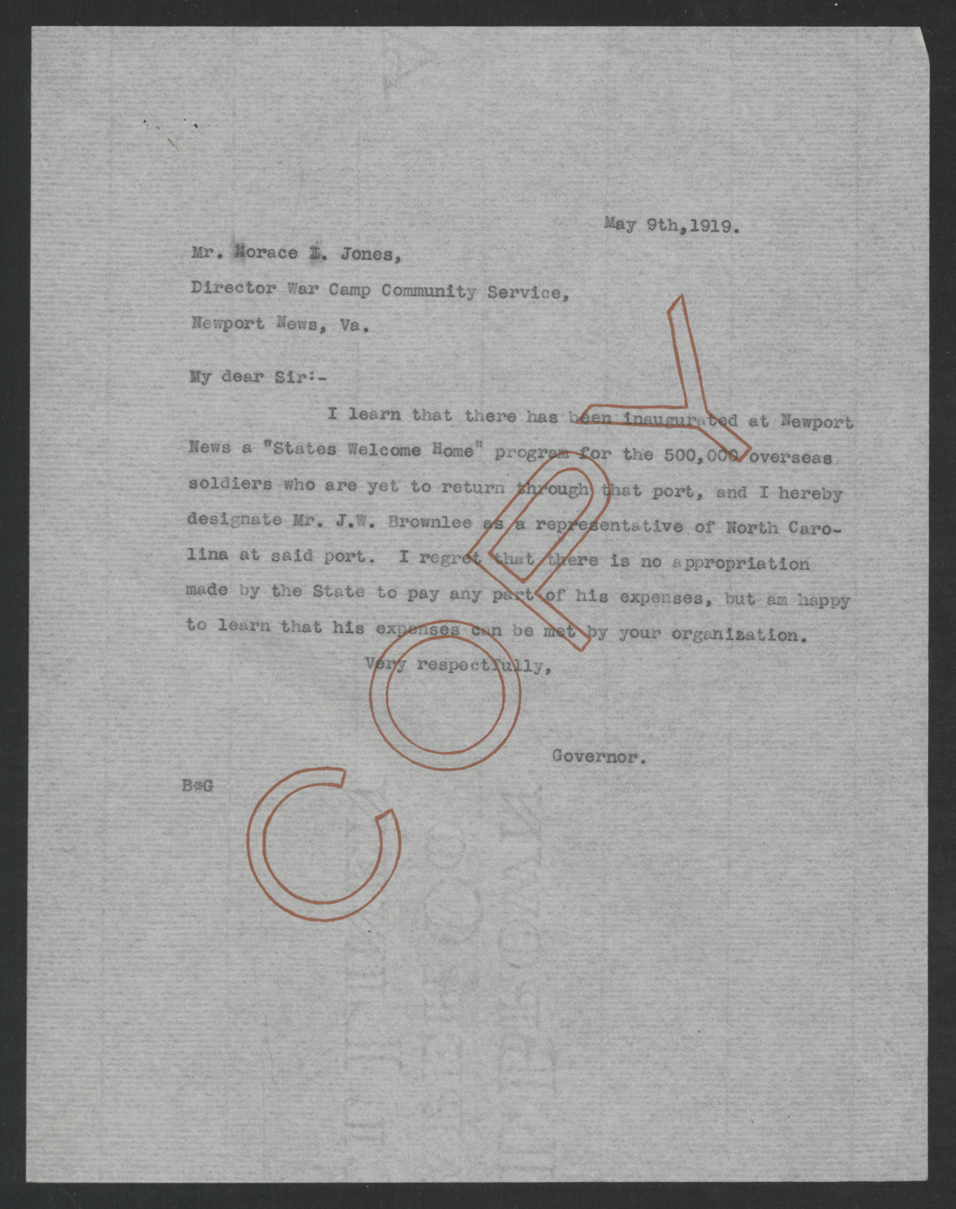 Letter from Thomas W. Bickett to Horace L. Jones, May 9, 1919