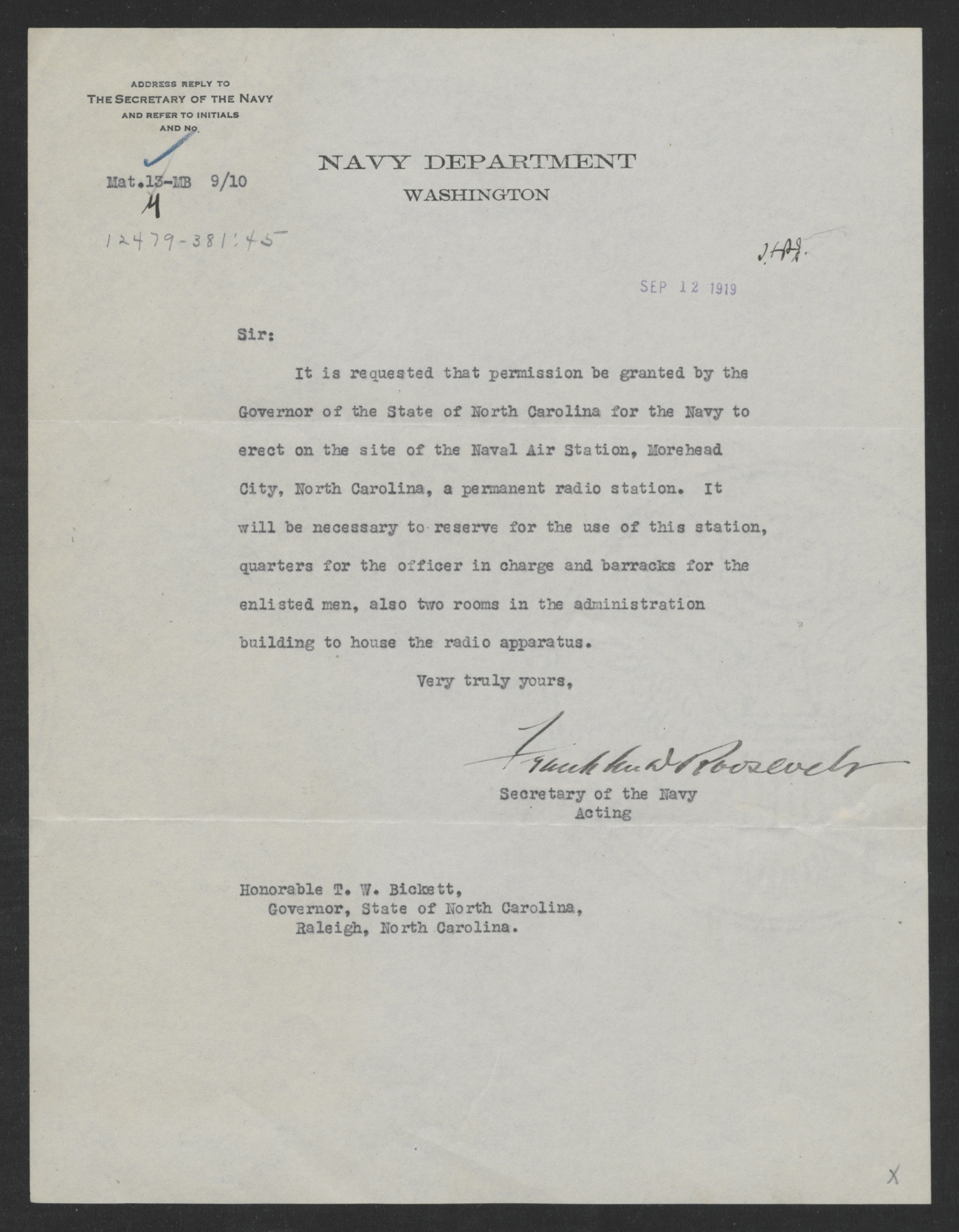 Letter from Franklin D. Roosevelt to Thomas W. Bickett, September 12, 1919