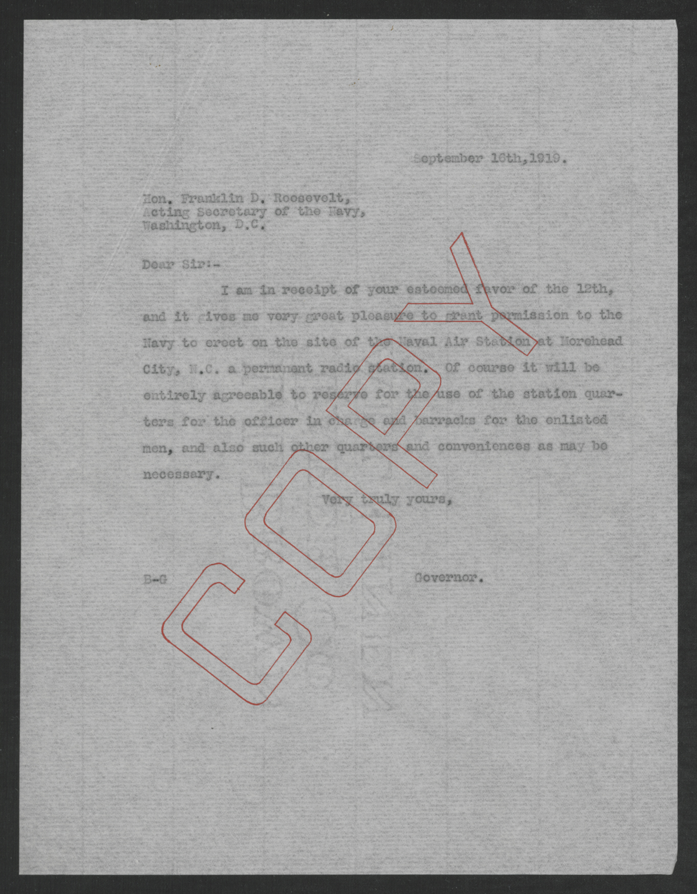 Letter from Thomas W. Bickett to Franklin D. Roosevelt, September 16, 1919