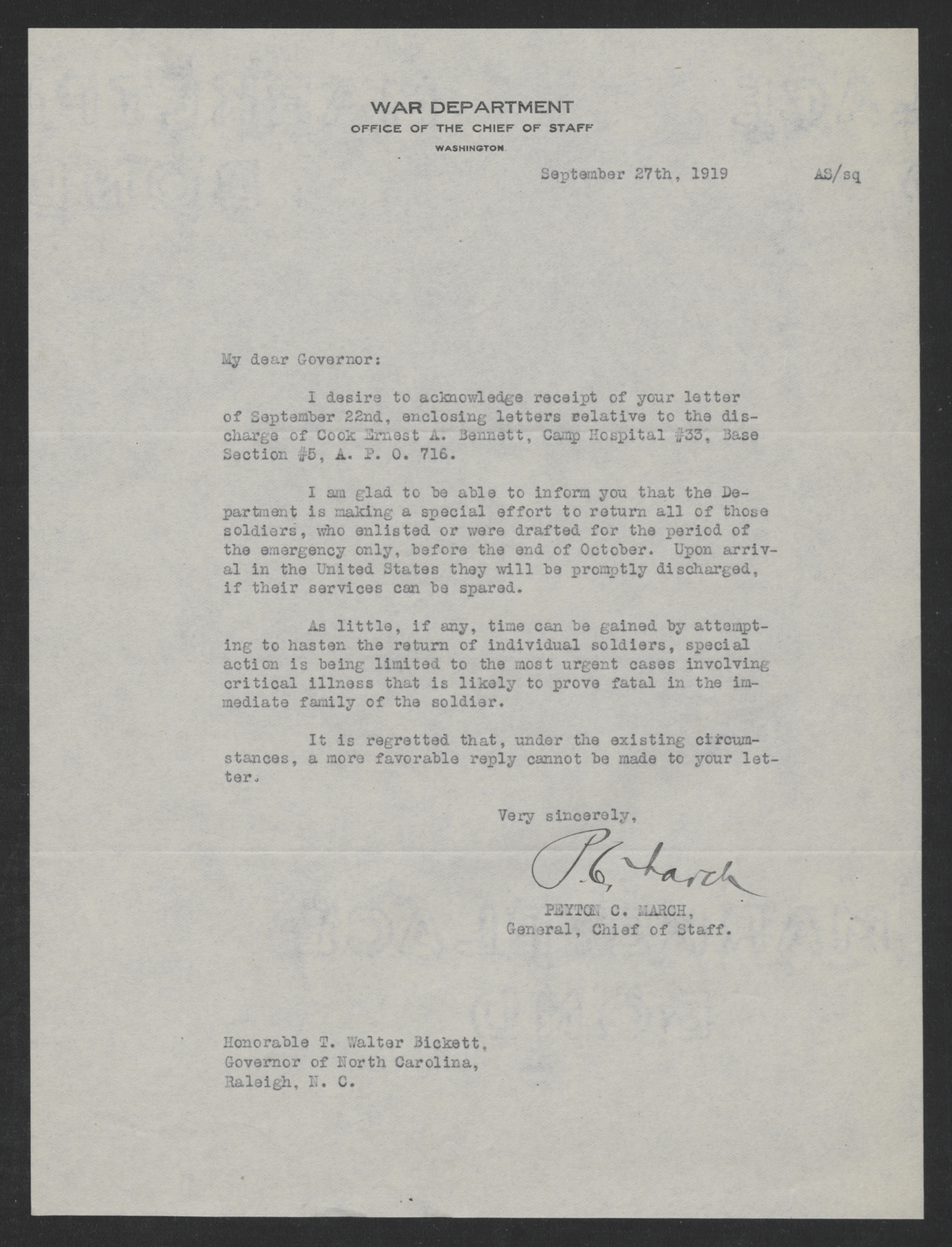 Letter from Peyton C. March to Thomas W. Bickett, September 27, 1919