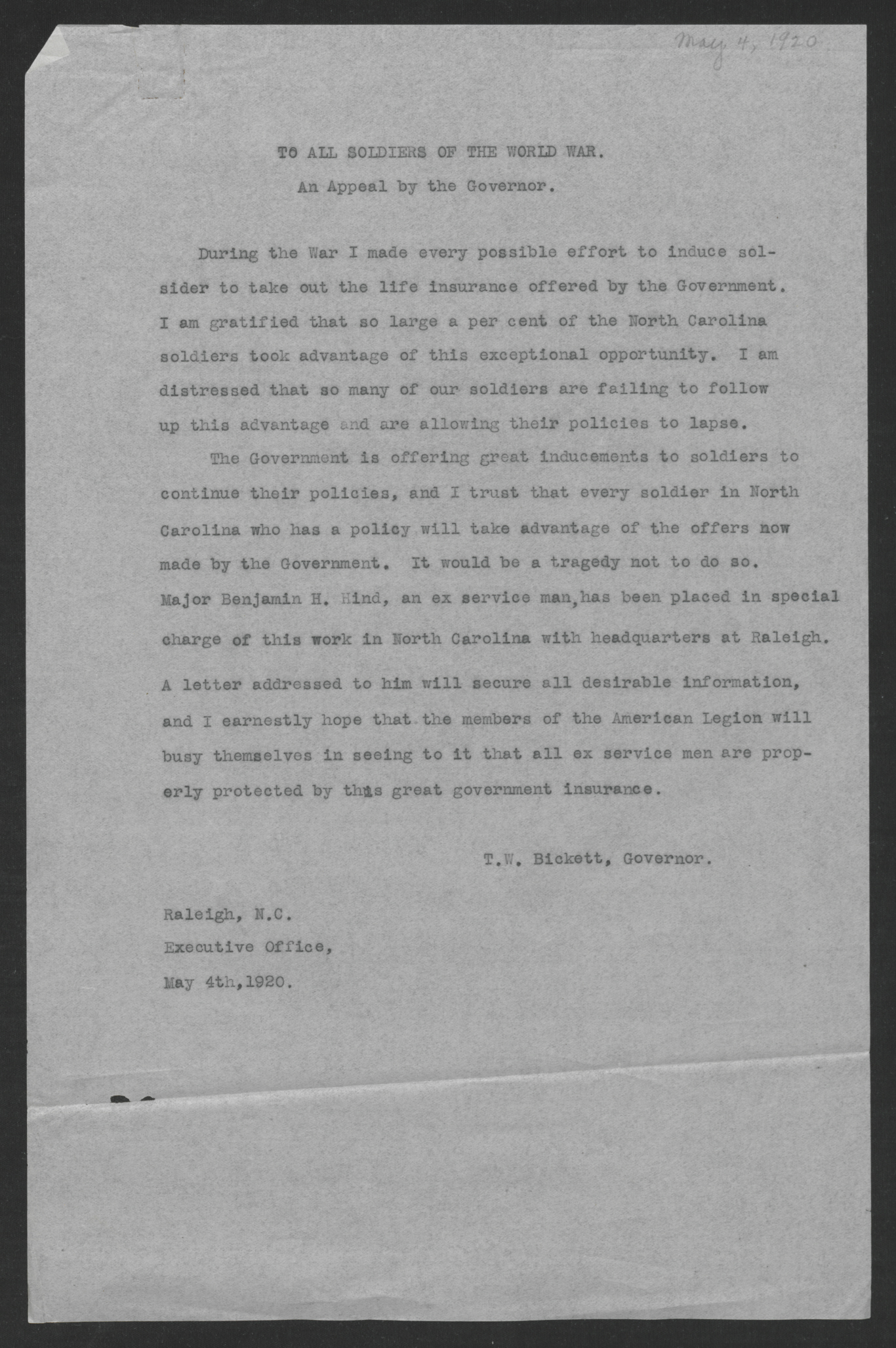 An Appeal to All Soldiers of the World War by Governor Thomas W. Bickett, May 4, 1920