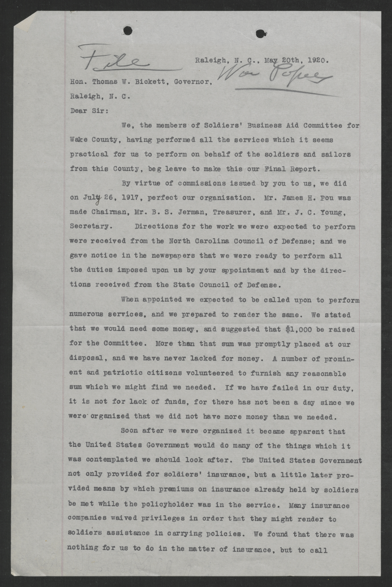 Letter from the Soldiers' Business Aid Committee of Wake County to Thomas W. Bickett, May 20, 1920, page 1