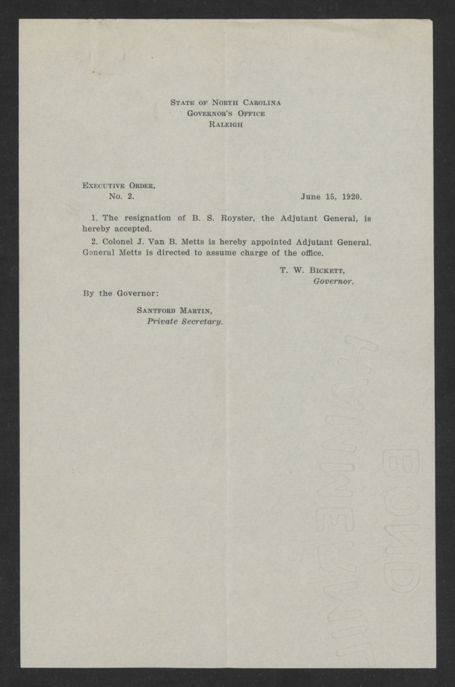 Executive Order No. 2 by Governor Thomas W. Bickett, June 15, 1920