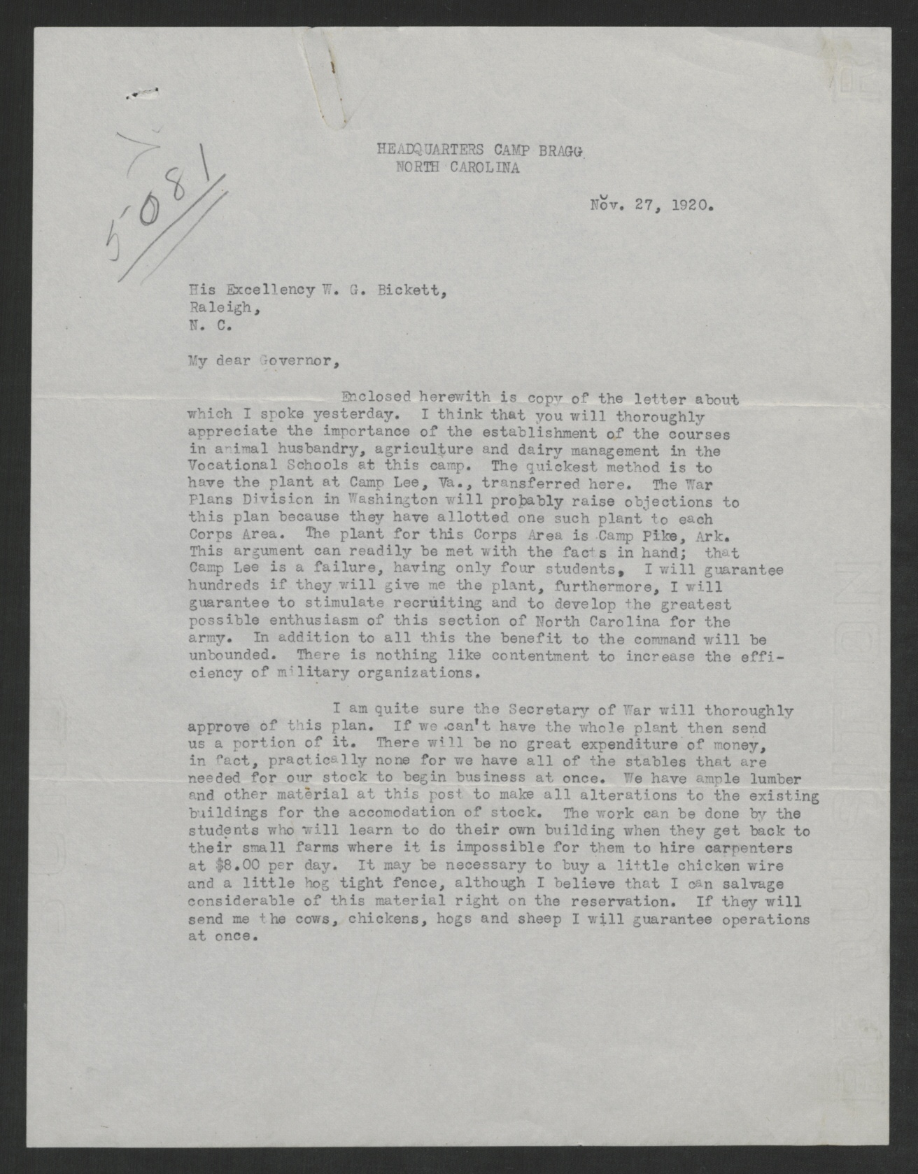 Letter from Albert J. Bowley to Thomas W. Bickett, November 27, 1920, page 1