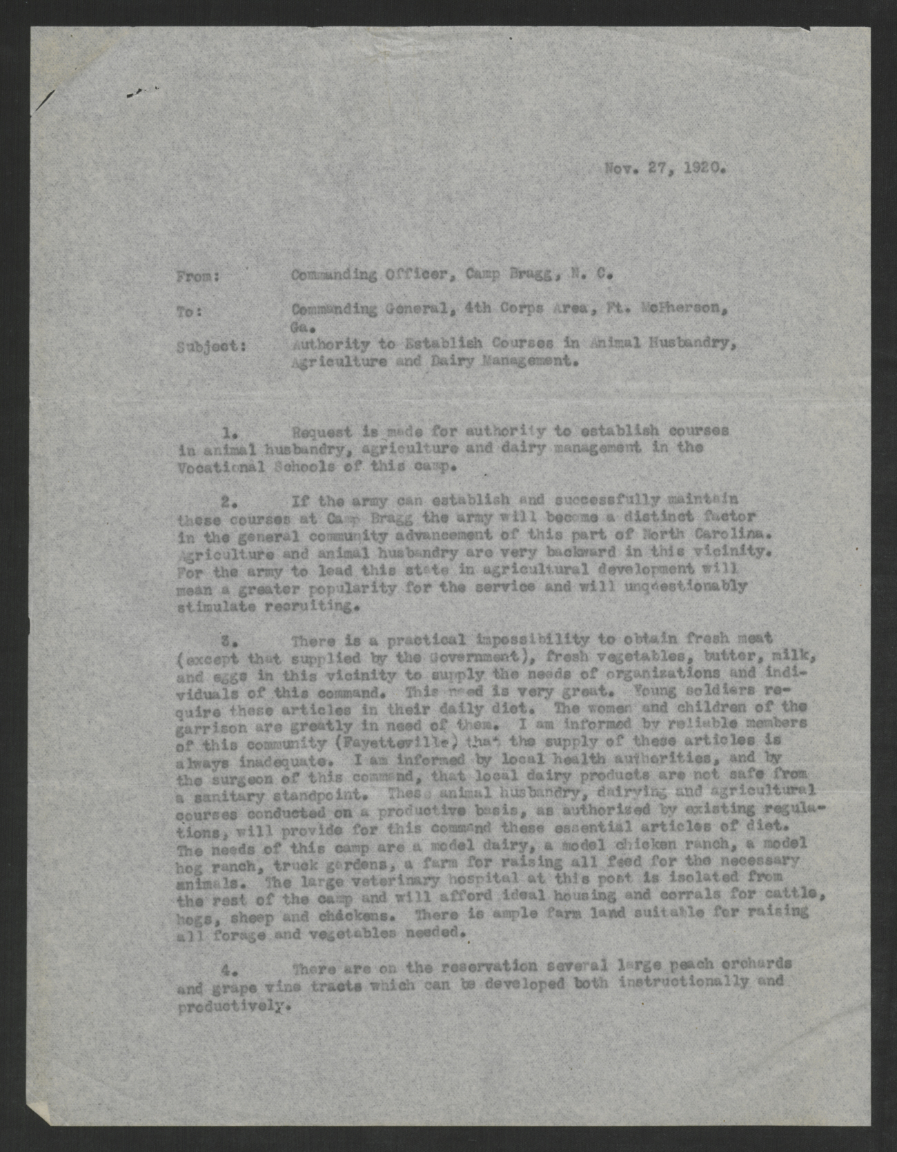 Letter from Albert J. Bowley to the Commanding General of the 4th Corps, November 27, 1920, page 1