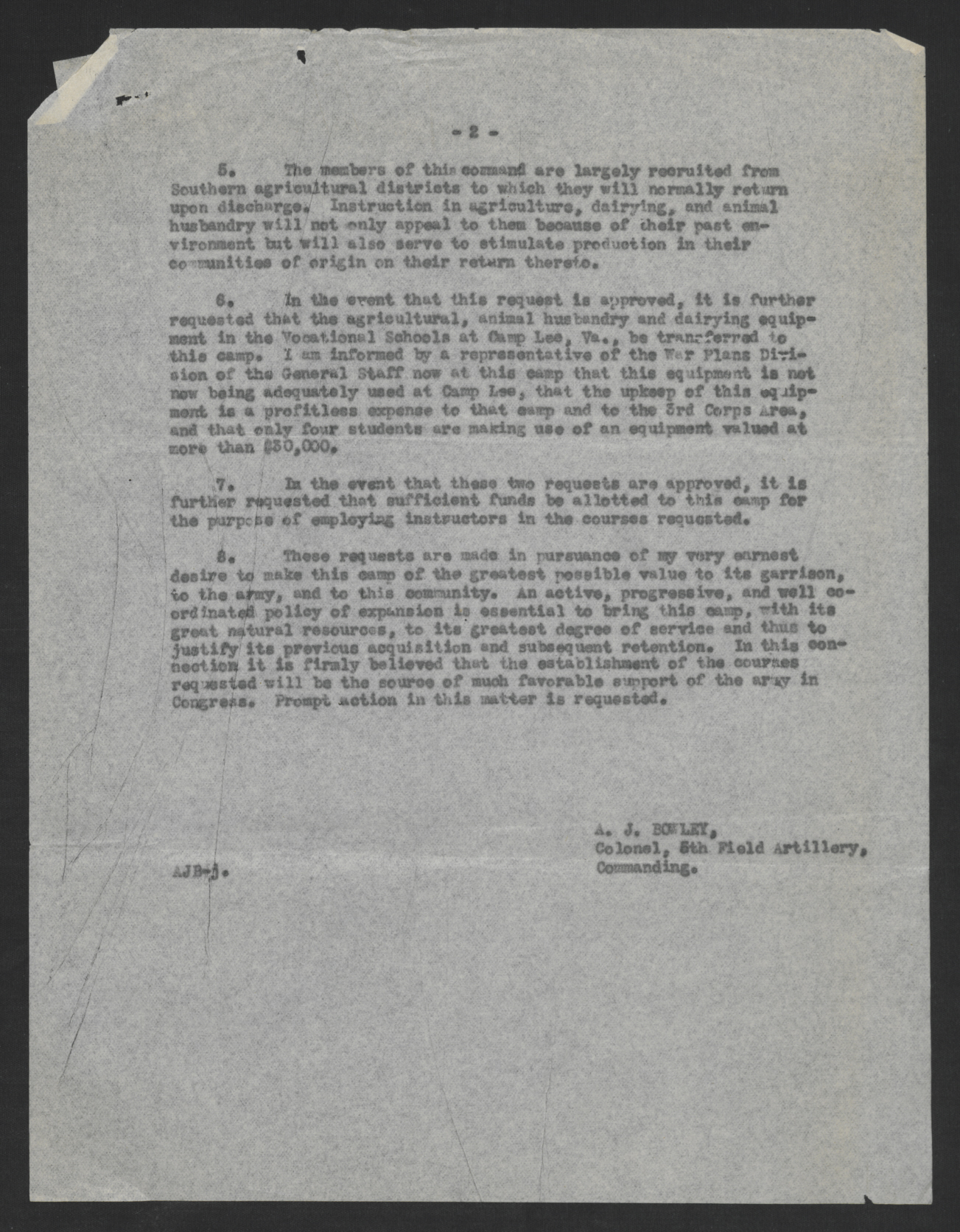 Letter from Albert J. Bowley to the Commanding General of the 4th Corps, November 27, 1920, page 2