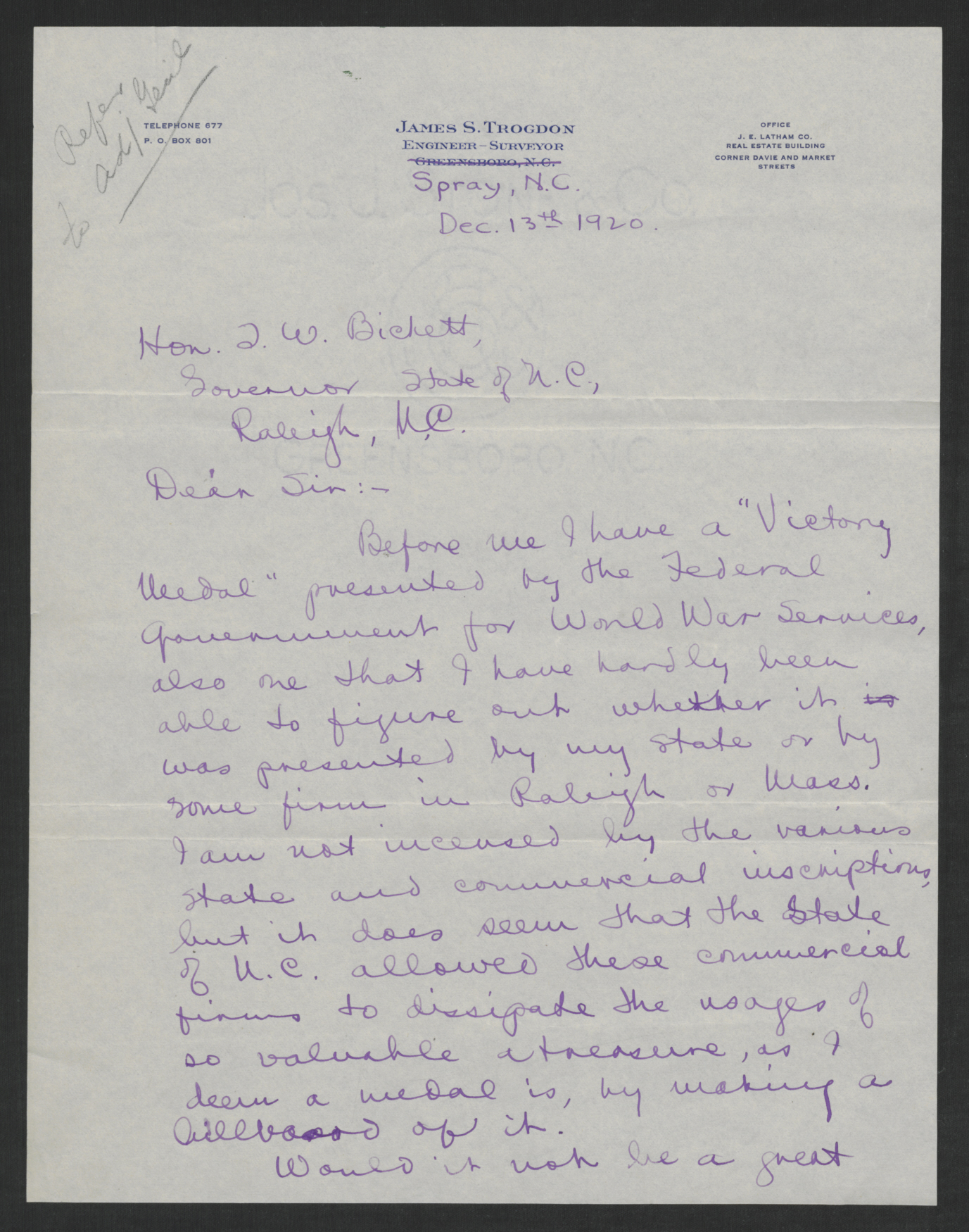 Letter from James S. Trogden to Thomas W. Bickett, December 13, 1920, page 1