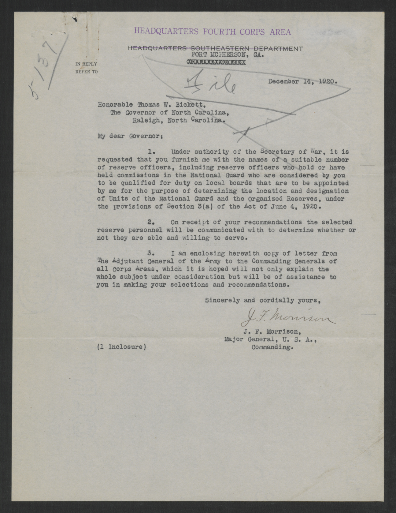 Letter from John F. Morrison to Thomas W. Bickett, December 14, 1920