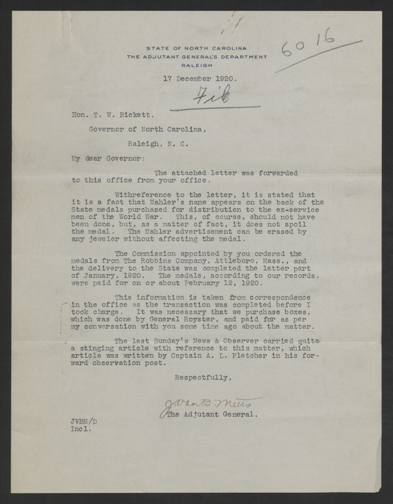 Letter from John V. B. Metts to Thomas W. Bickett, December 17, 1920