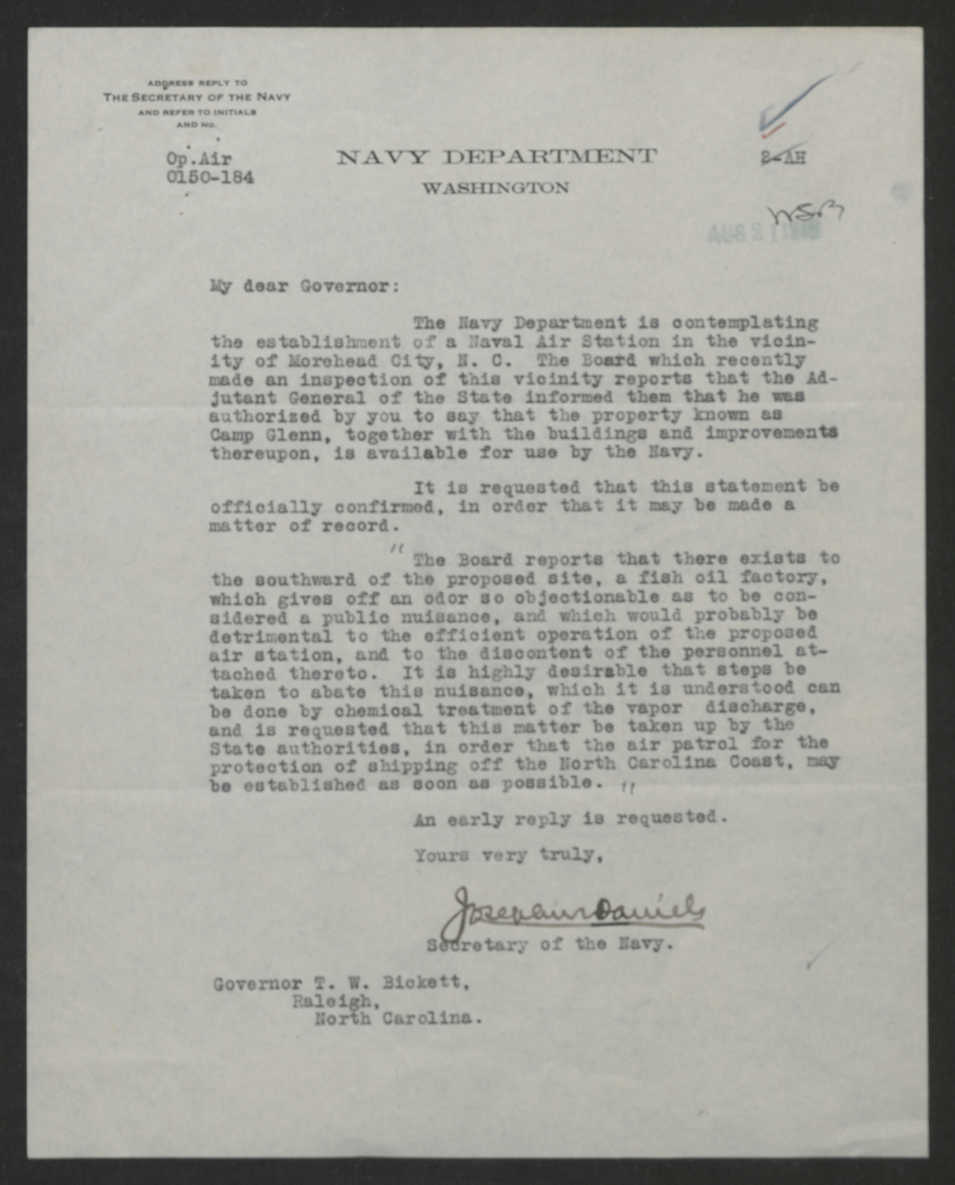 Daniels to Bickett, August 21, 1918