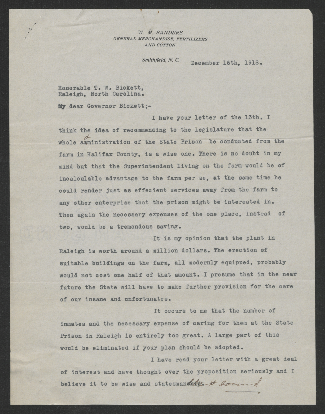 Sanders to Bickett, December 16, 1918, page 1