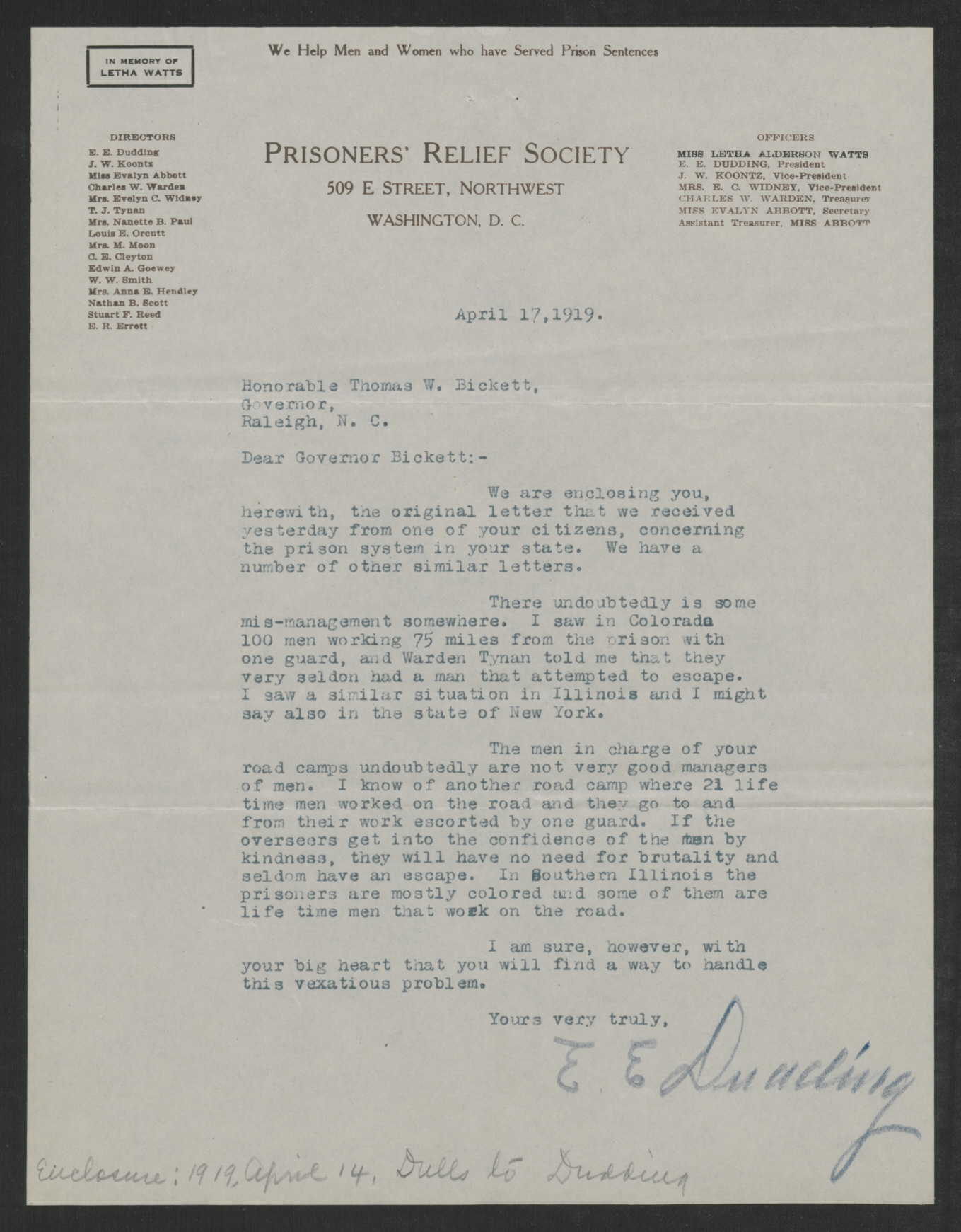 Dudding to Bickett, April 17, 1919