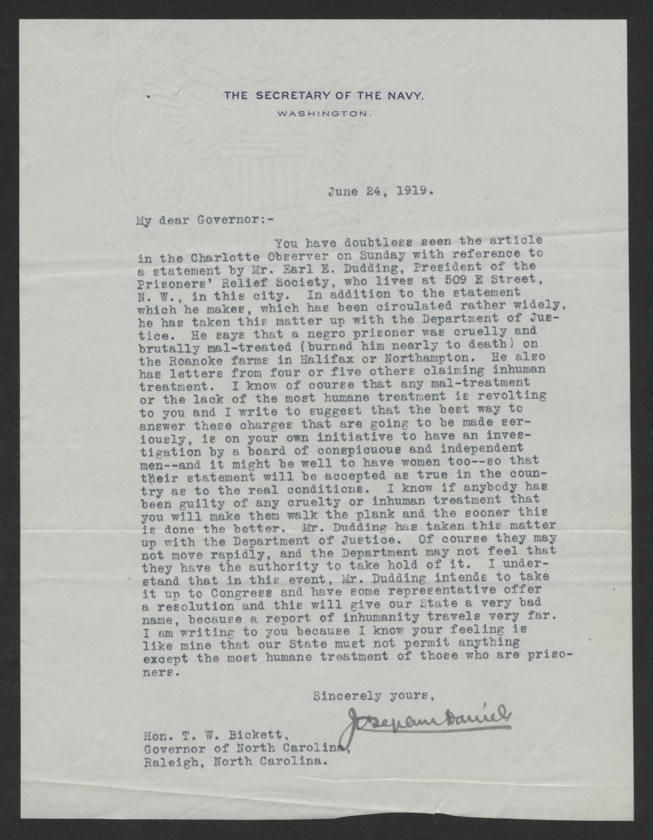 Daniels to Bickett, June 24, 1919