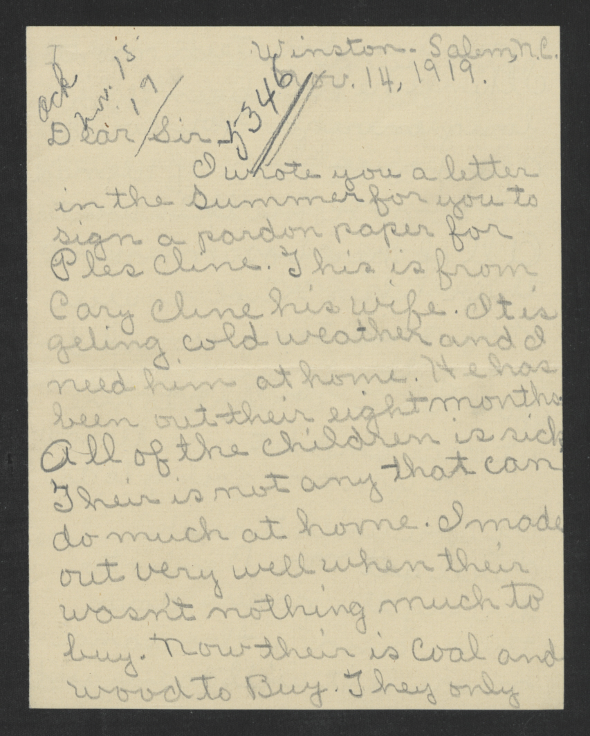 Cline to Bickett, November 14, 1919, page 1