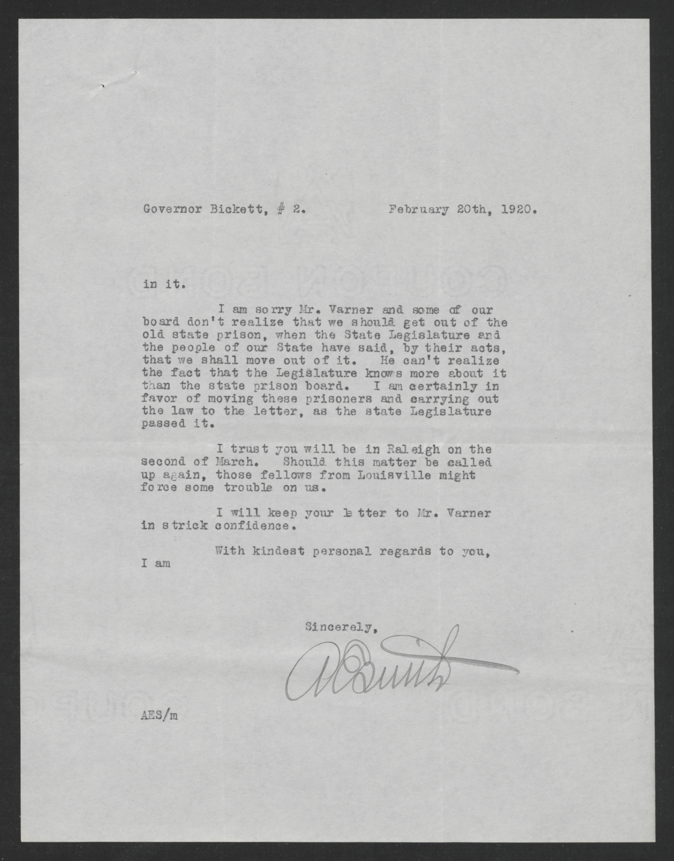 Smith to Bickett, February 20, 1920, page 2