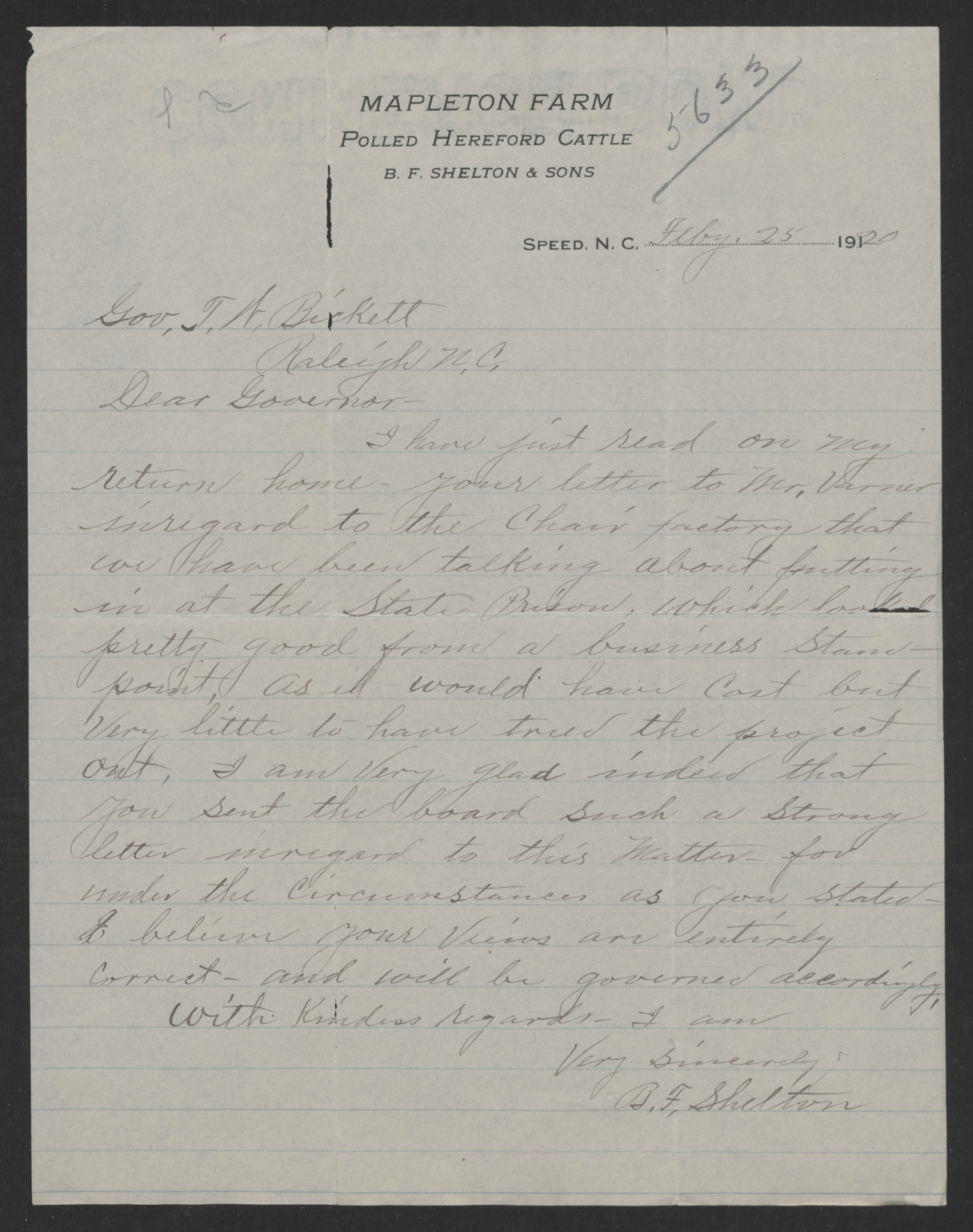 Shelton to Bickett, February 25, 1920