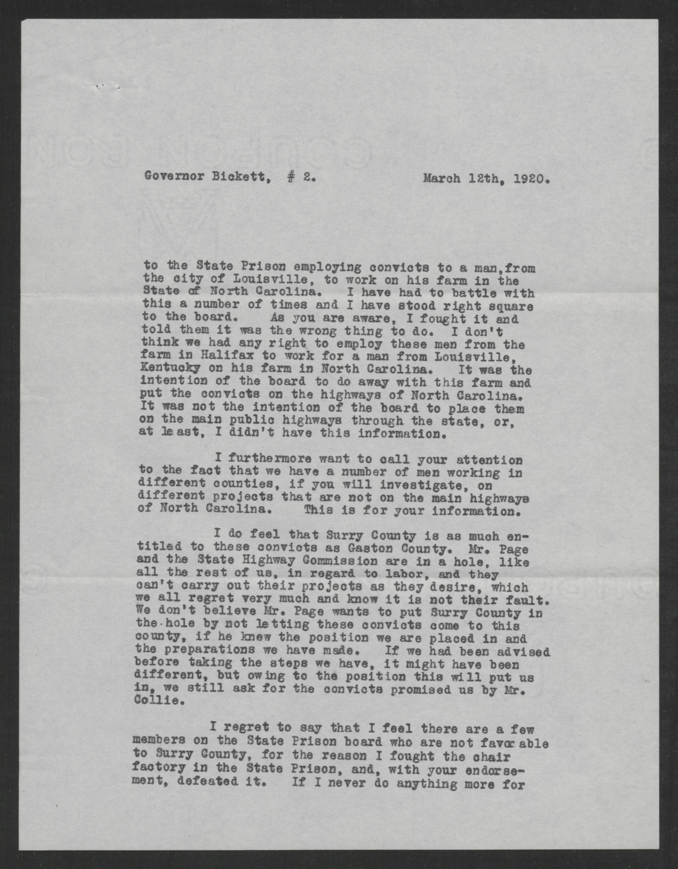 Smith to Bickett, March 12, 1920, page 2