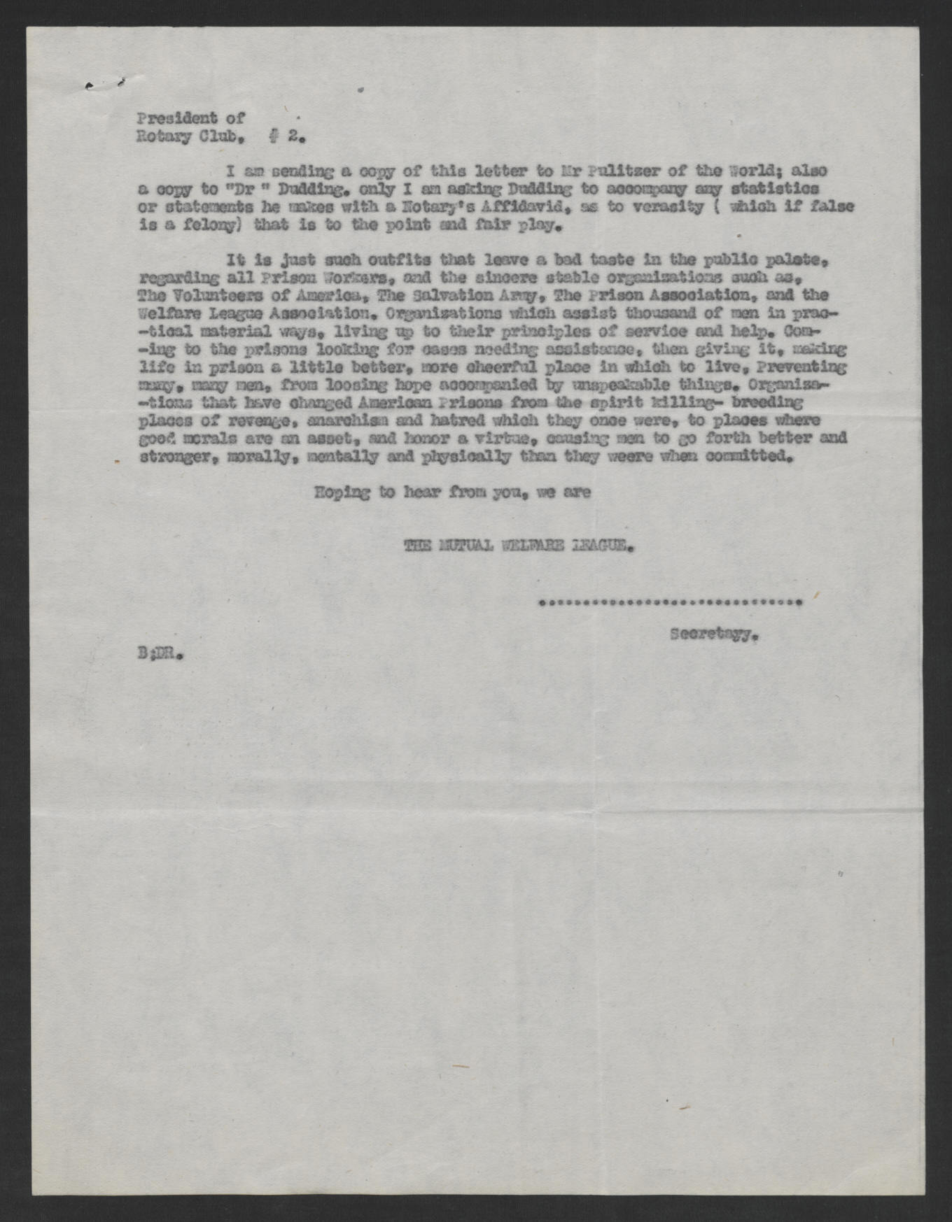 Mutual Welfare League to the President of the NYC Rotary Club, May 25, 1920, page 2