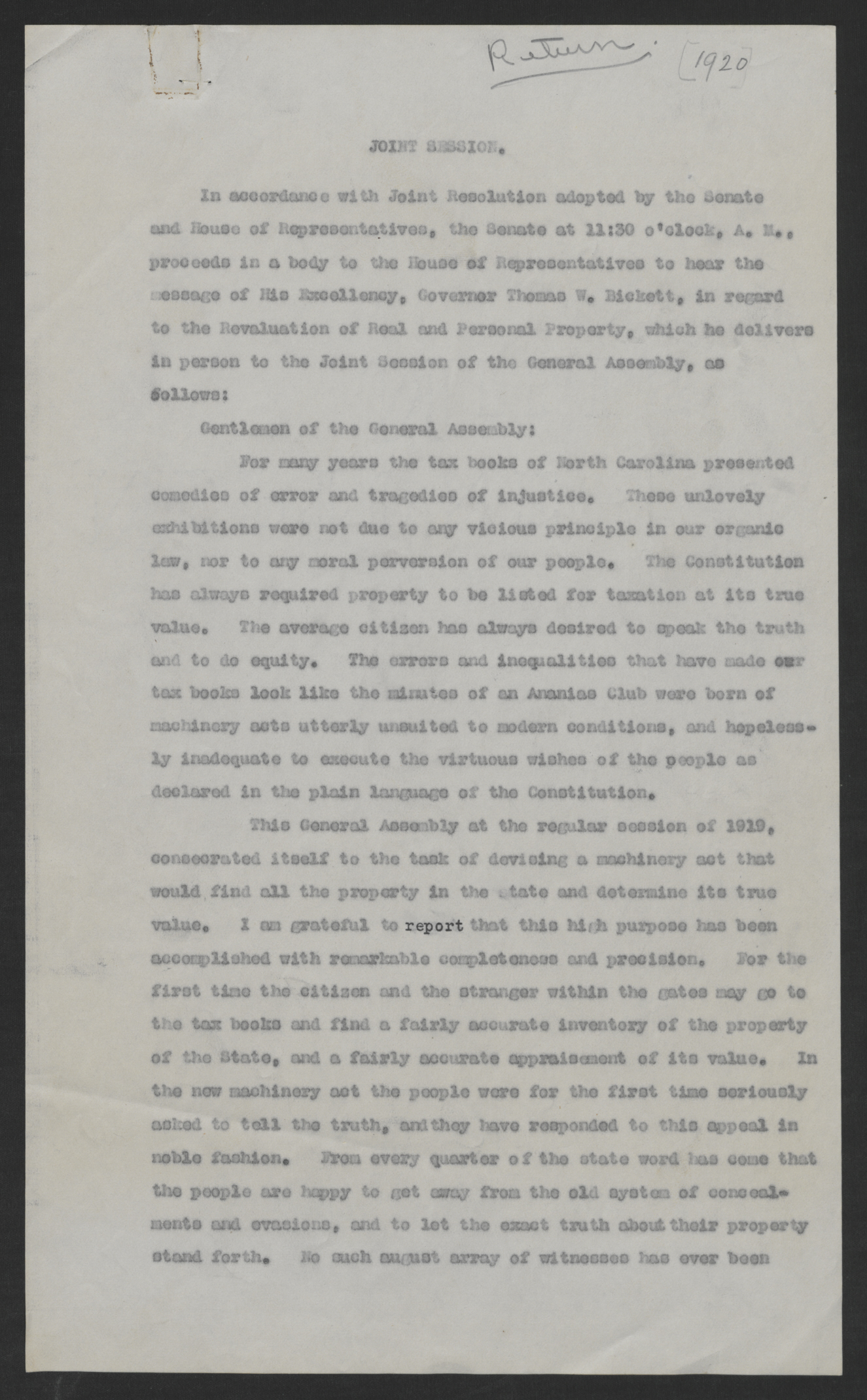 First Message of Governor Bickett to the Special Session of the General Assembly, August 10, 1920, page 1