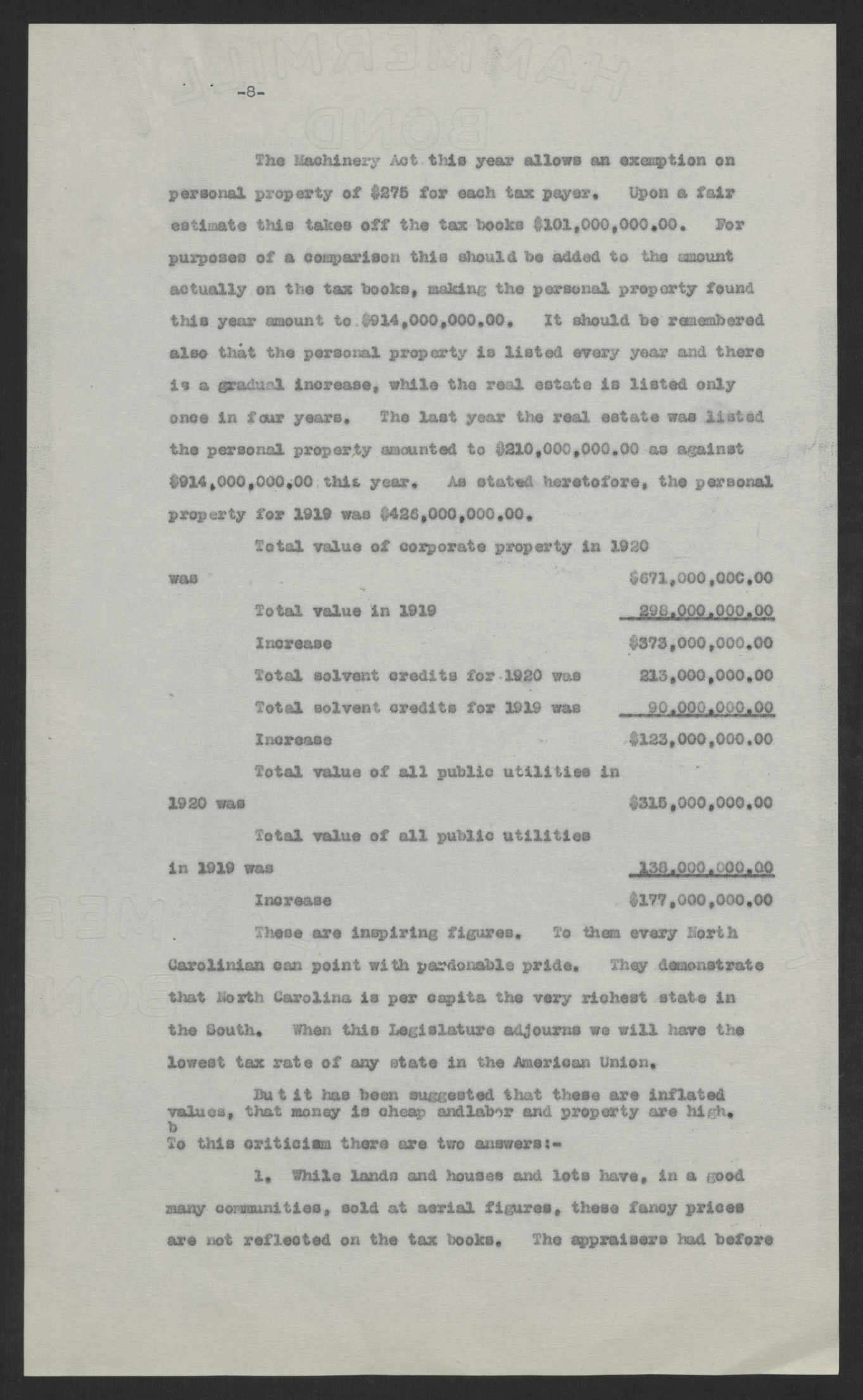 First Message of Governor Bickett to the Special Session of the General Assembly, August 10, 1920, page 8