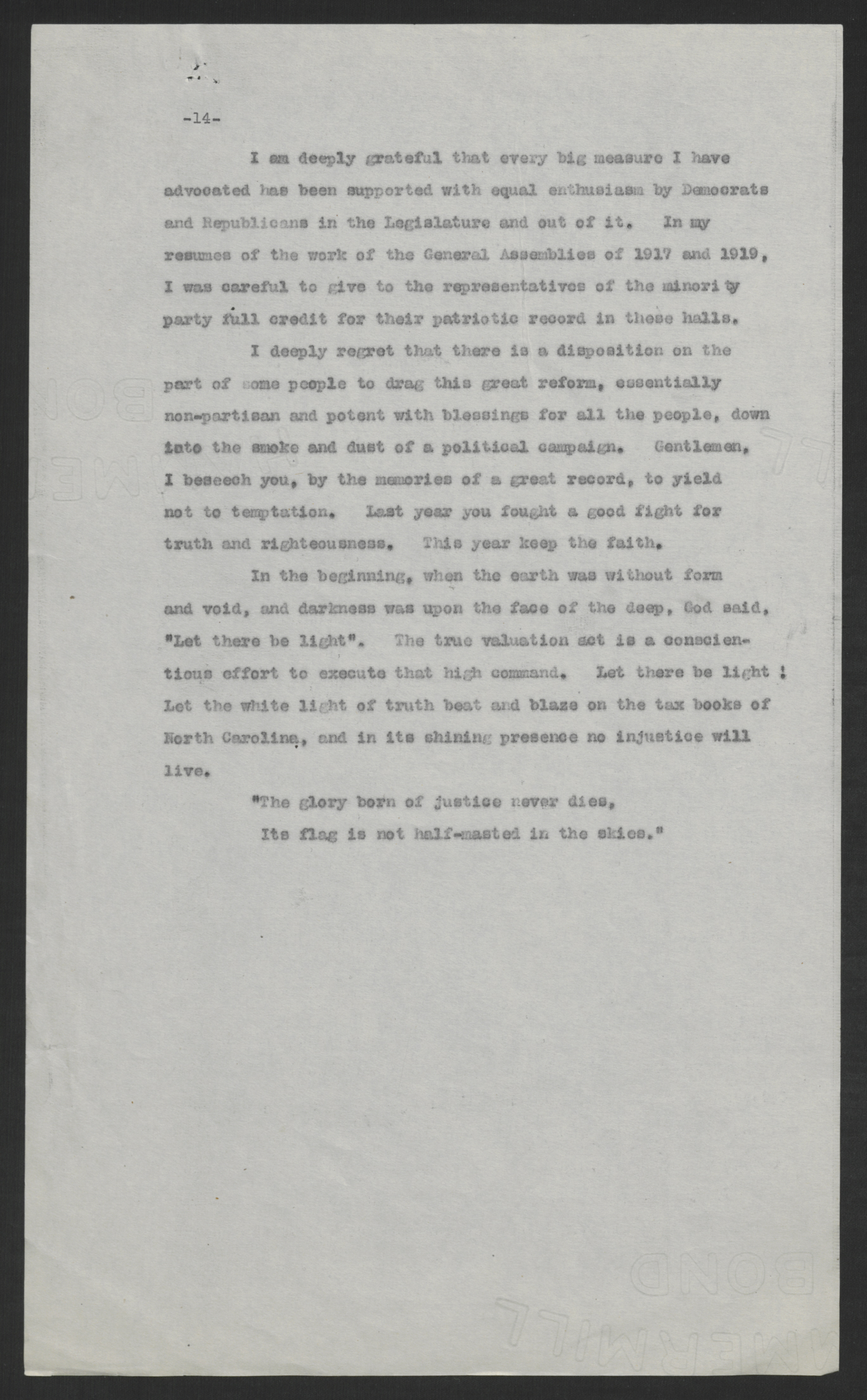 First Message of Governor Bickett to the Special Session of the General Assembly, August 10, 1920, page 14