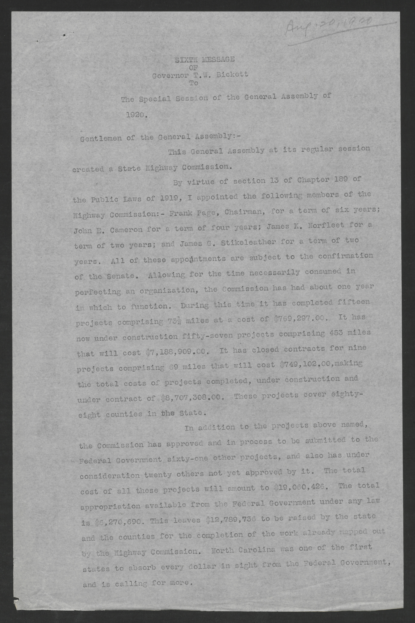 Sixth Message of Governor Thomas W. Bickett to the Special Session of the General Assembly, 20 August 1920, page 1