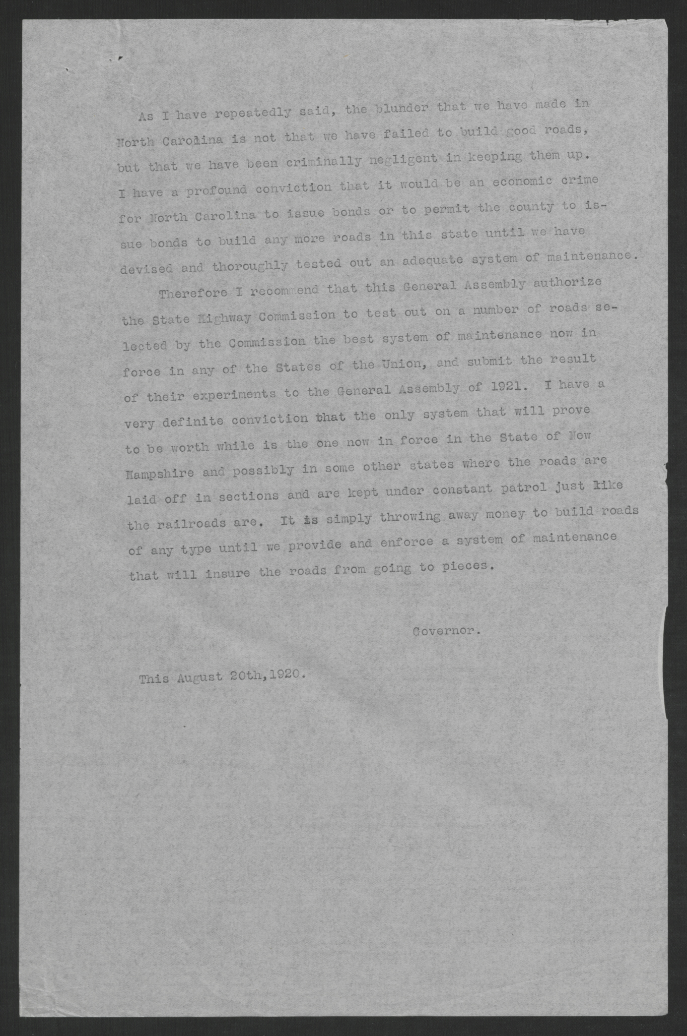 Sixth Message of Governor Thomas W. Bickett to the Special Session of the General Assembly, 20 August 1920, page 2