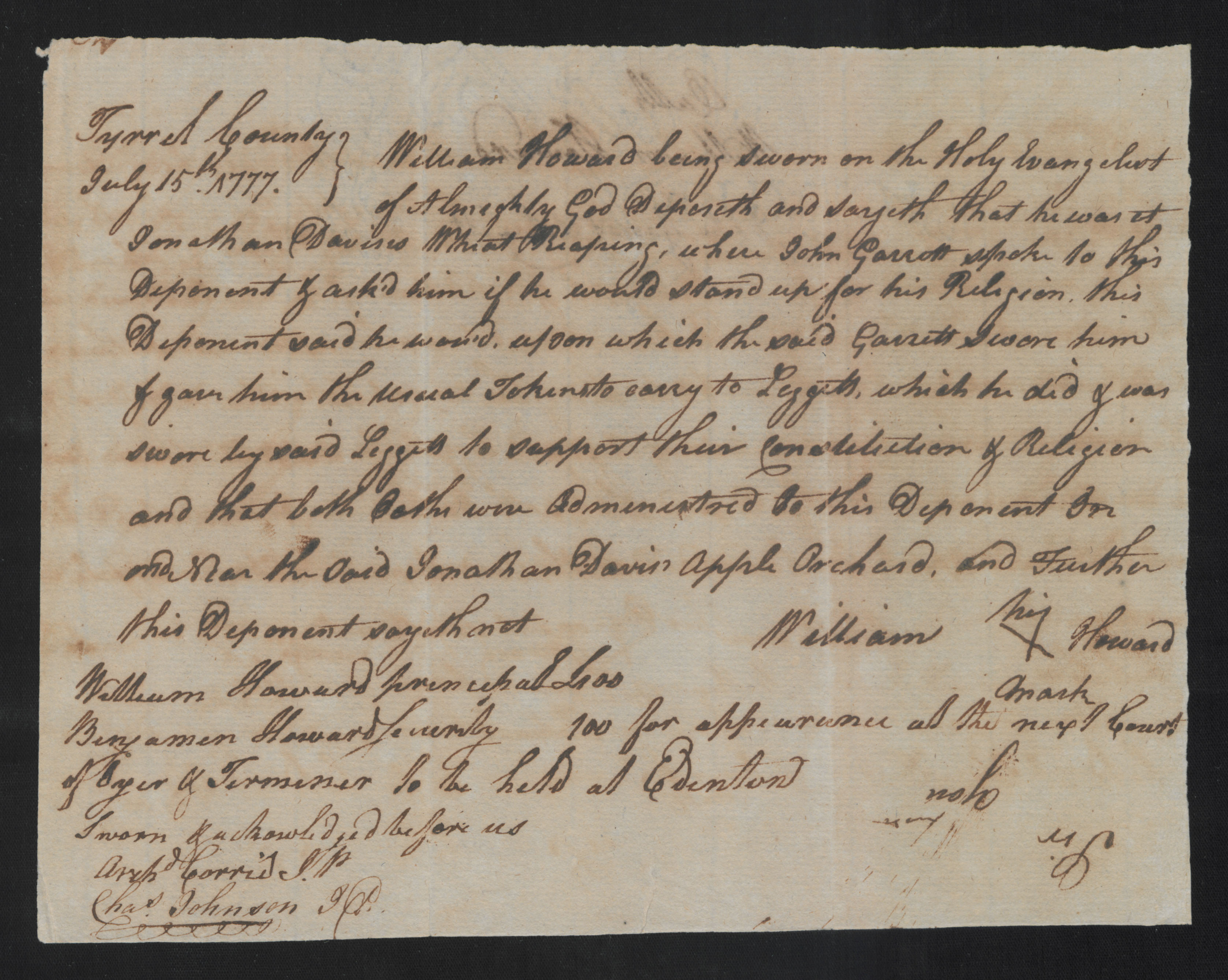 Deposition of William Howard, dated 15 July 1777