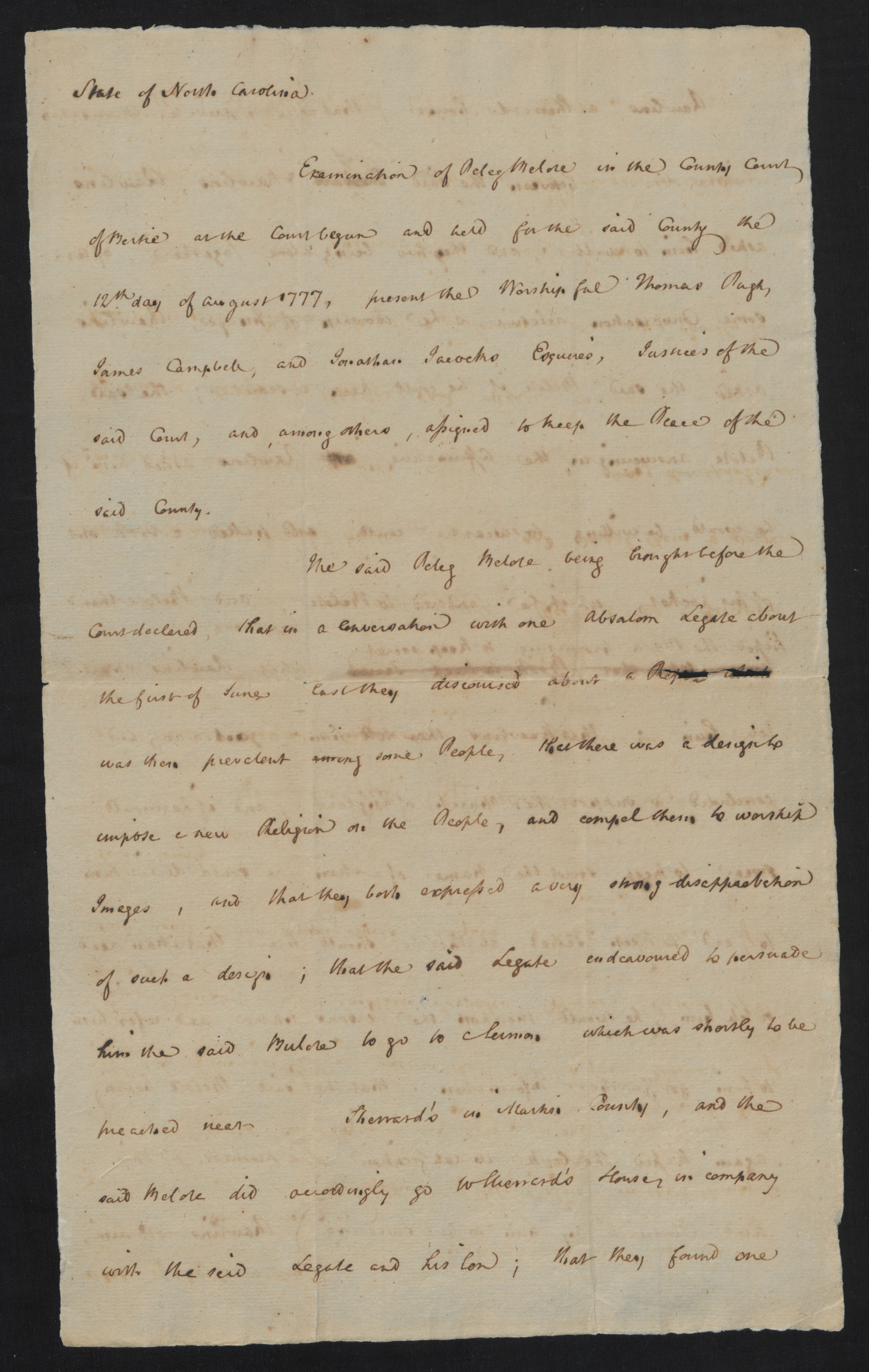 Examination of Peleg Belot, 12 August 1777, page 1