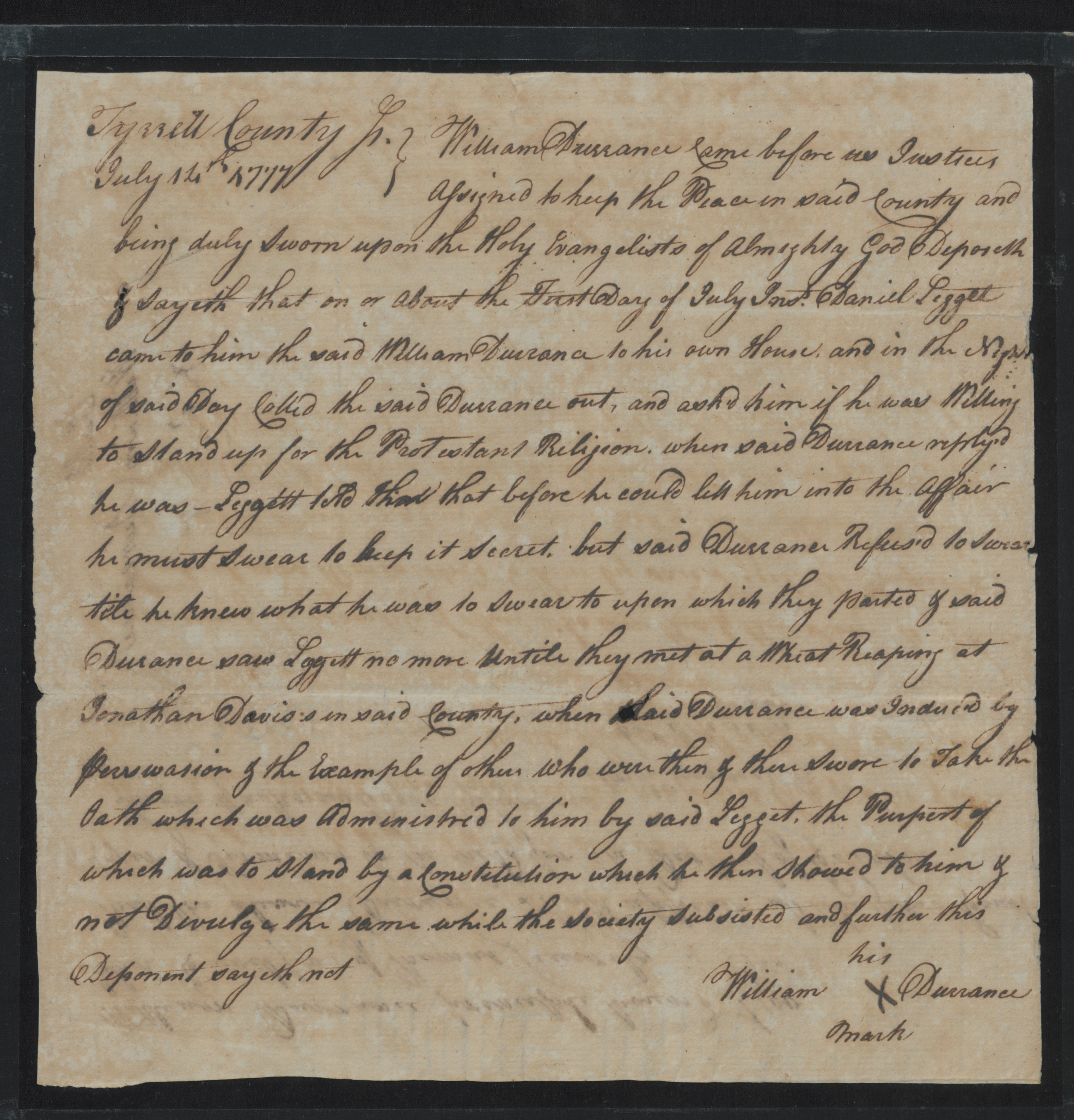 Deposition of William Durrance, 14 July 1777, page 1
