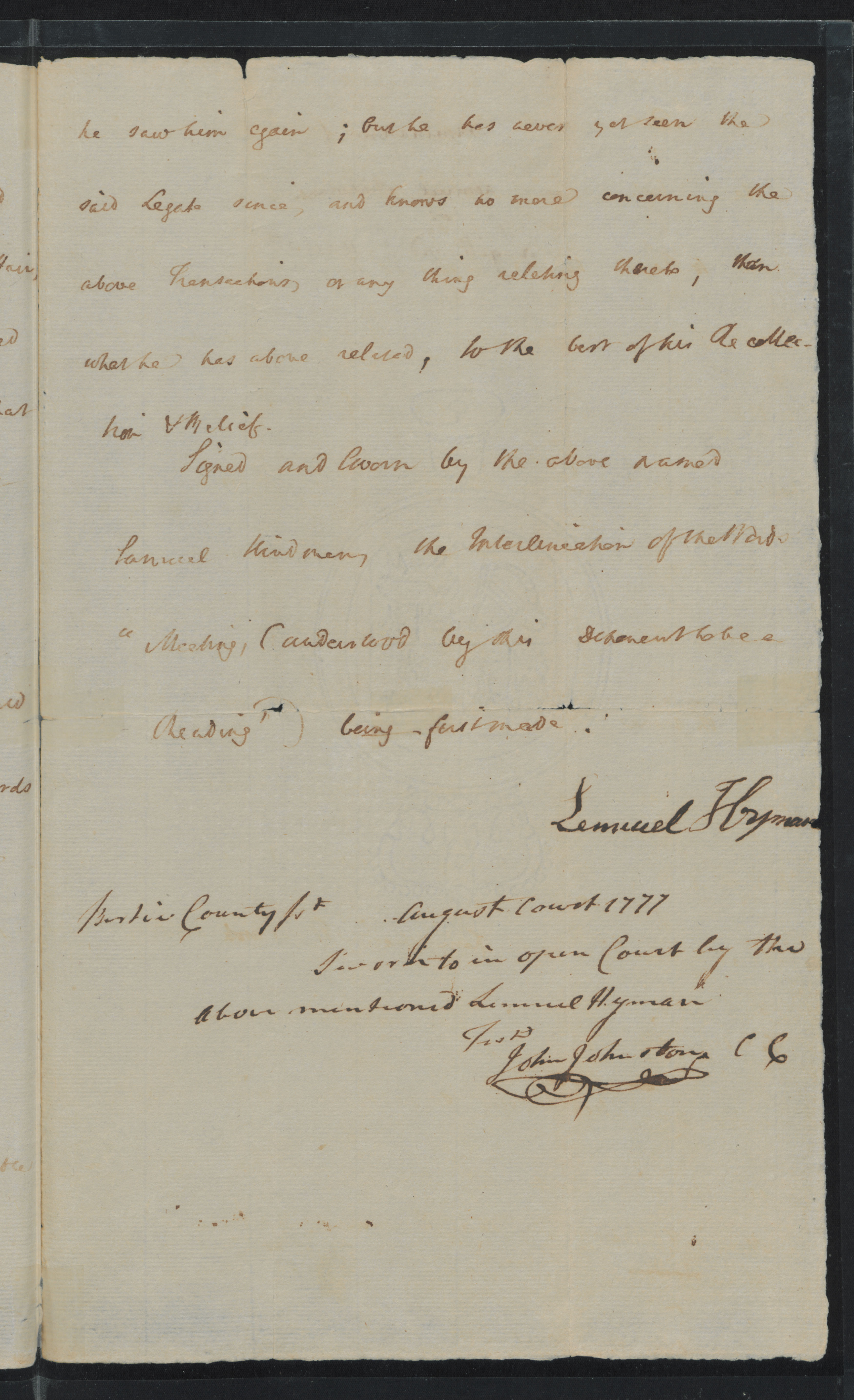 Examination of Lemuel Hindman, 12 August 1777, page 3