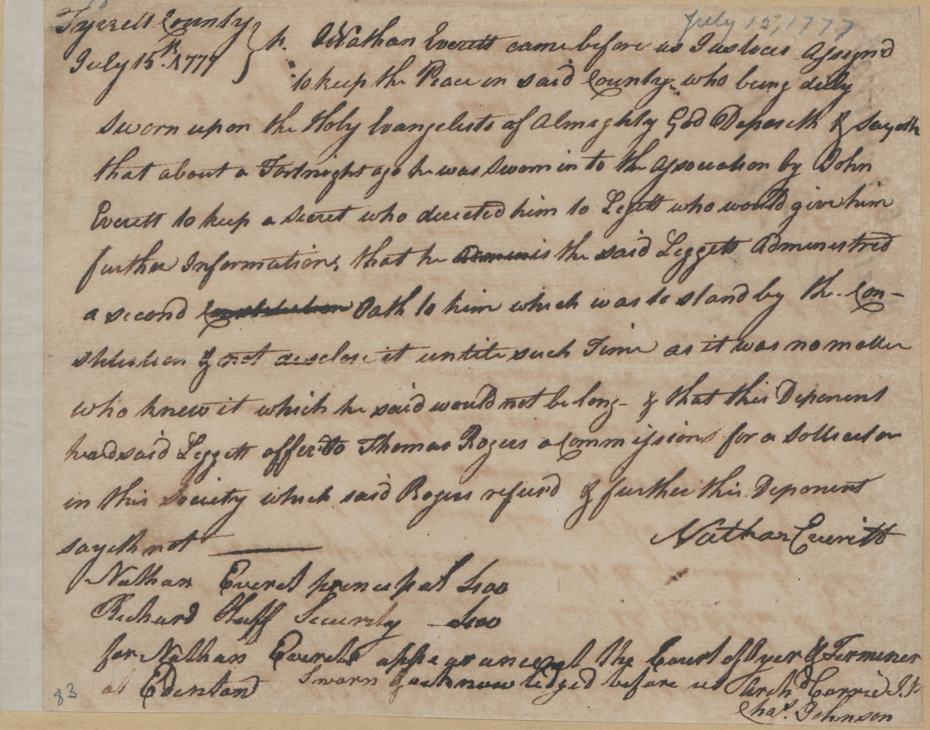 Deposition of Nathan Everett, 15 July 1777, page 1