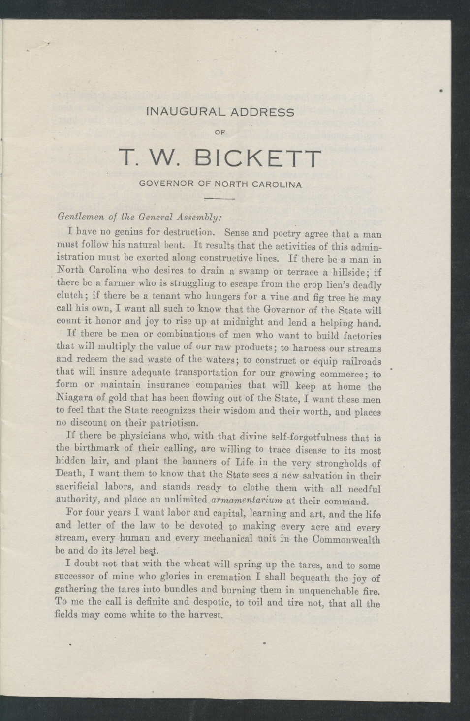 Inaugural Address of Governor Thomas W. Bickett to the General Assembly, January 11, 1917, page 1