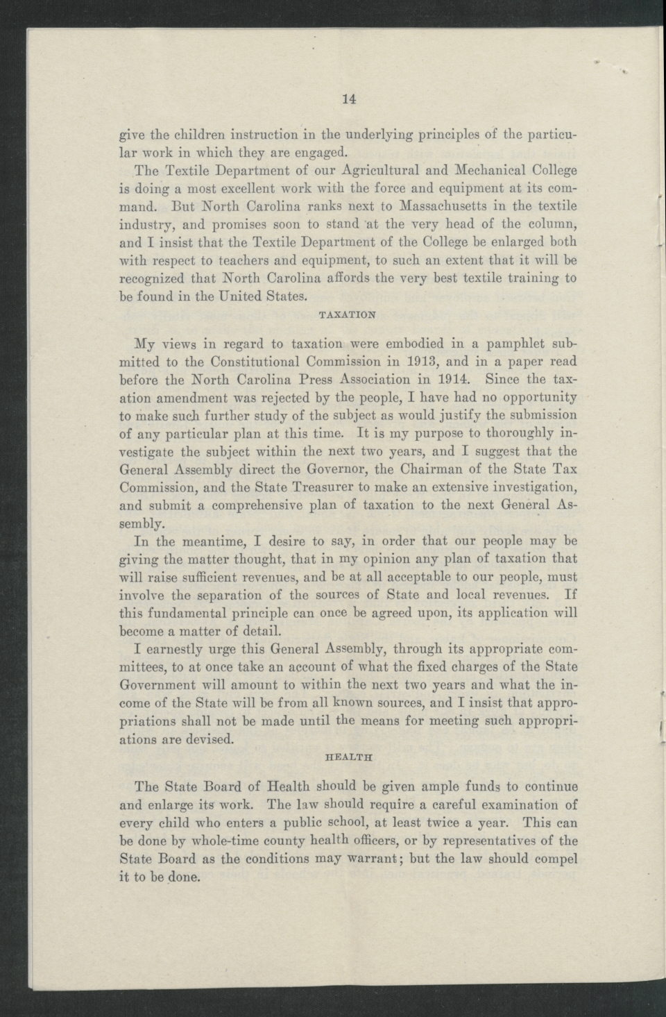 Inaugural Address of Governor Thomas W. Bickett to the General Assembly, January 11, 1917, page 12