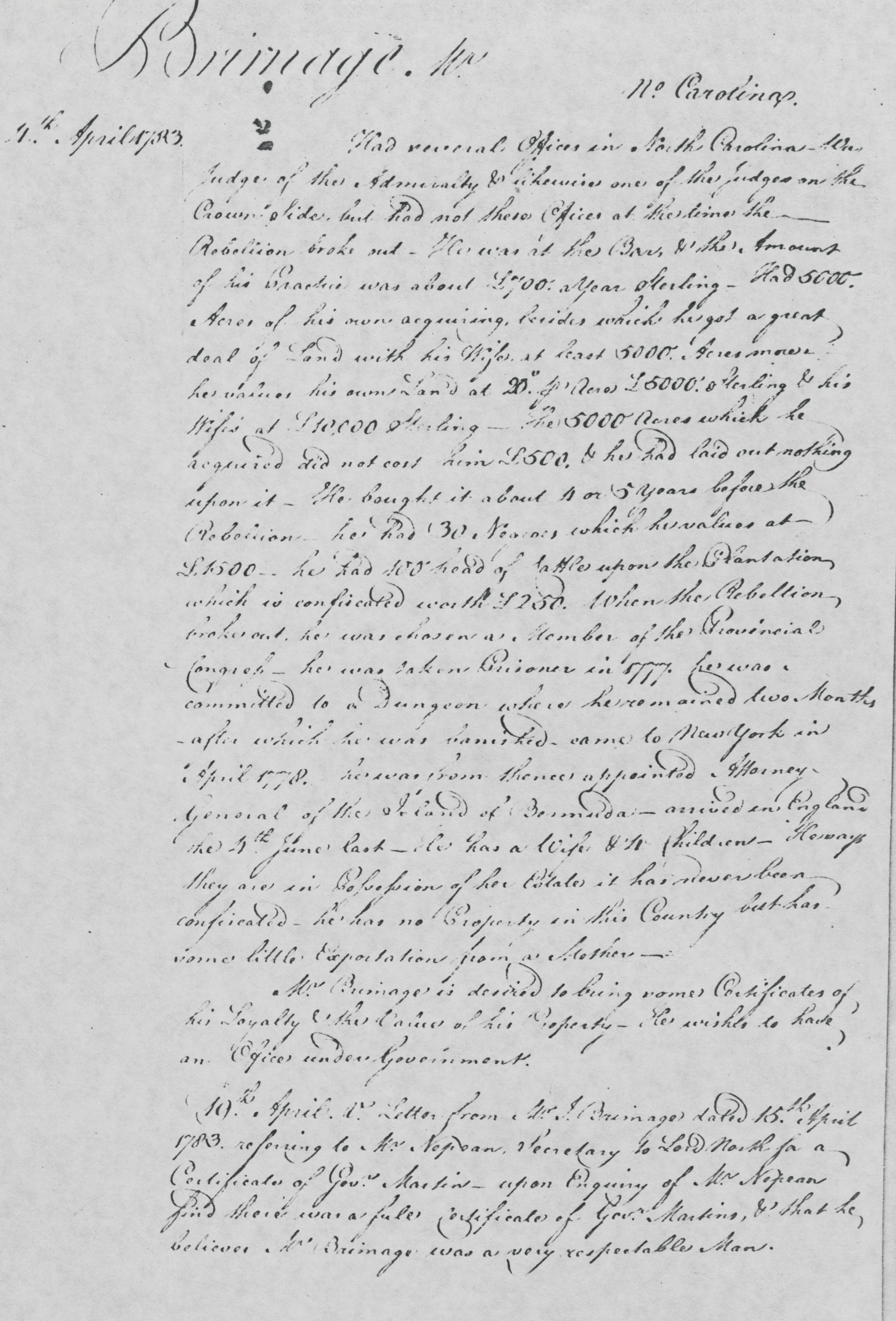 Examination of William Brimage, 4 April 1783, page 1
