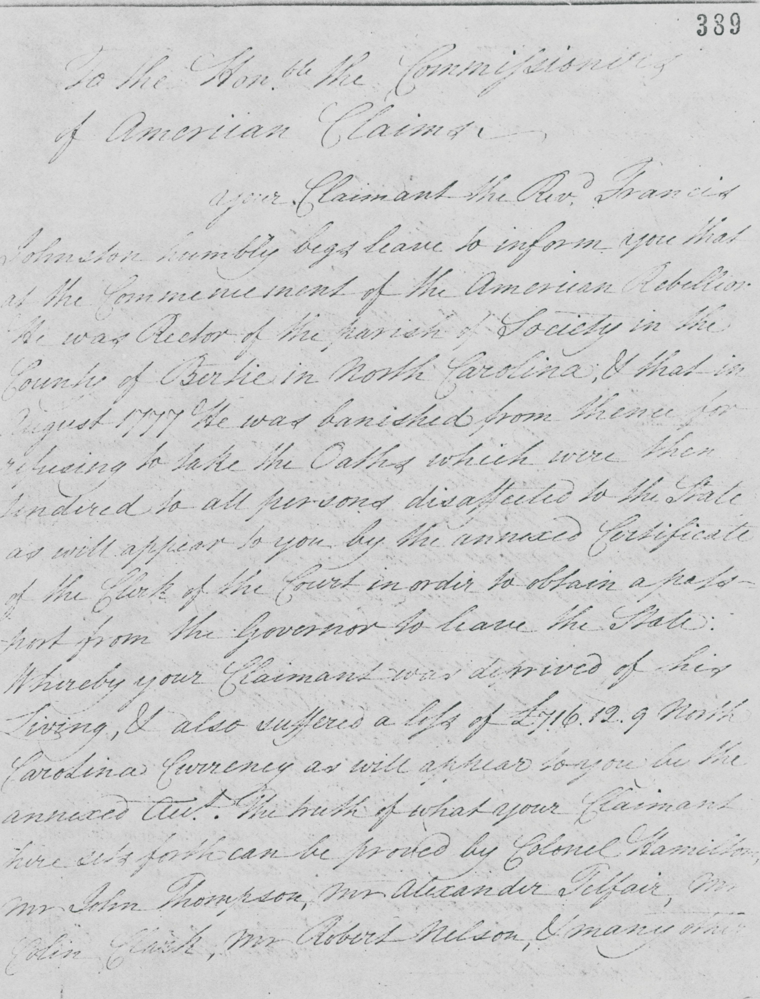 Claim from Francis Johnston to the Commissioners of American Claims, 29 May 1791, page 1